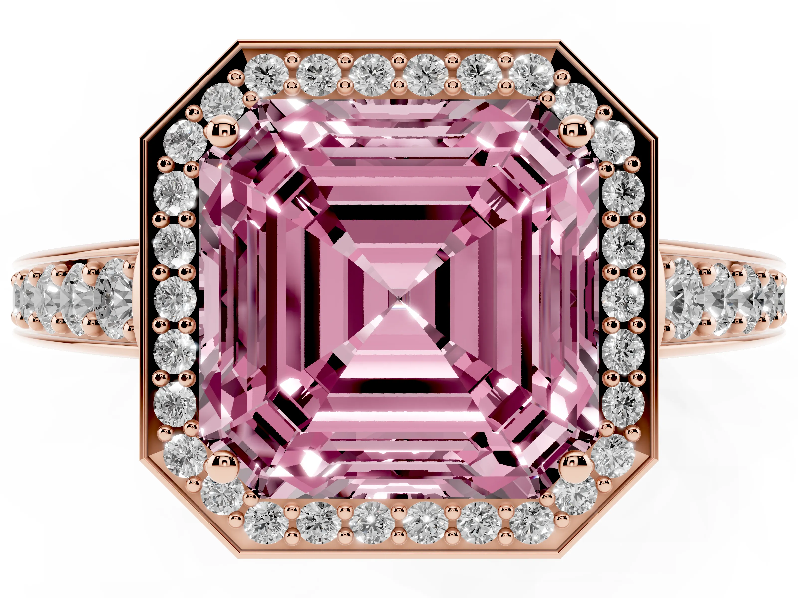 Fancy Pink Asscher Cut Diamond Halo Pavé Engagement Ring Set in Rose gold with Bezel Setting