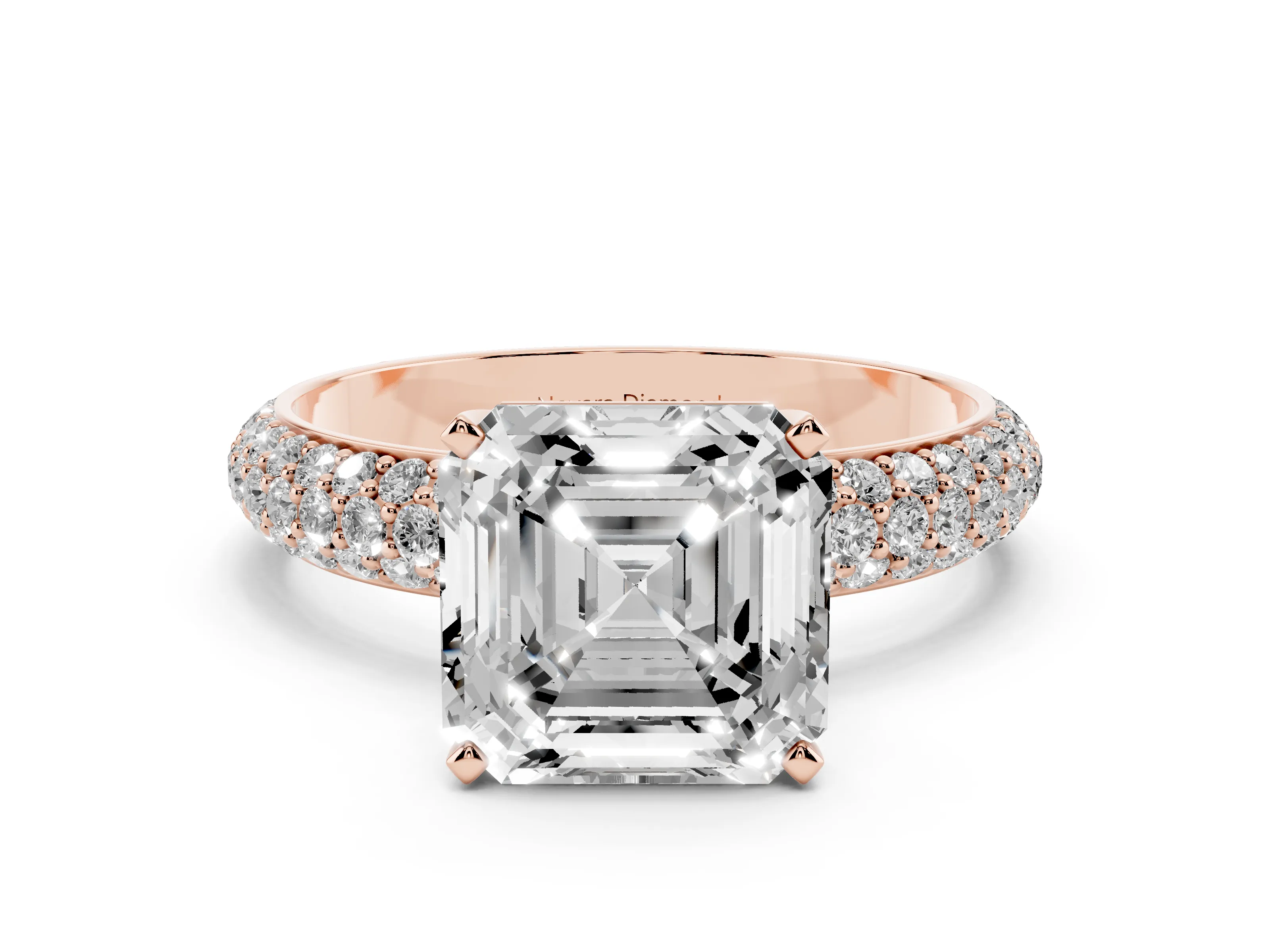 Asscher Cut Diamond Solitaire Ring Set in Rose gold with Prong Setting and Pavé-Set Band