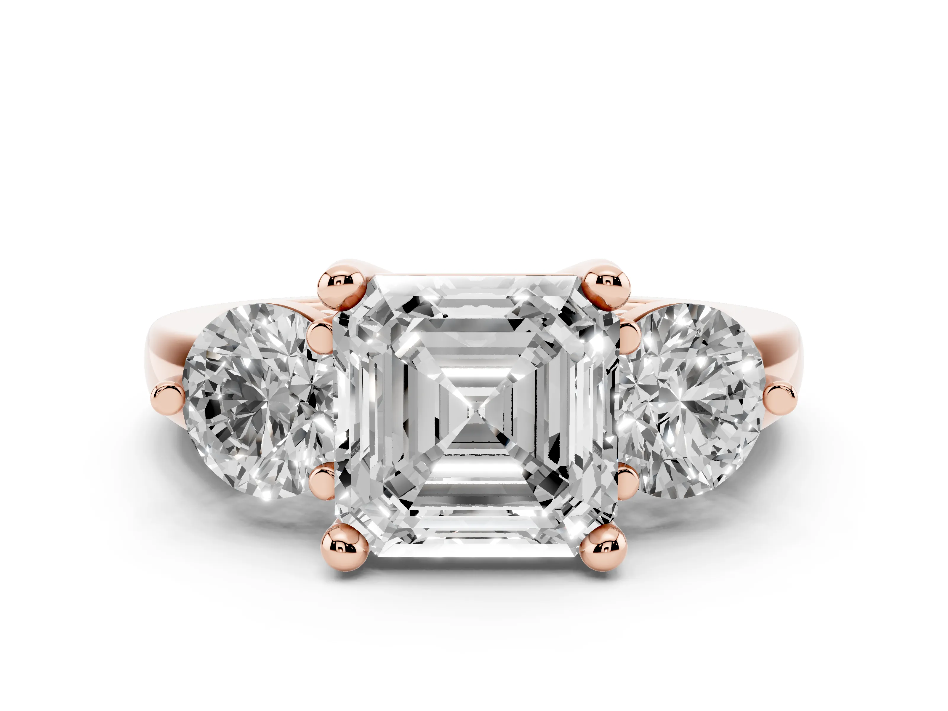Asscher Cut Diamond Three-Stone Ring Set in Rose gold with Prong Setting and Classic Band