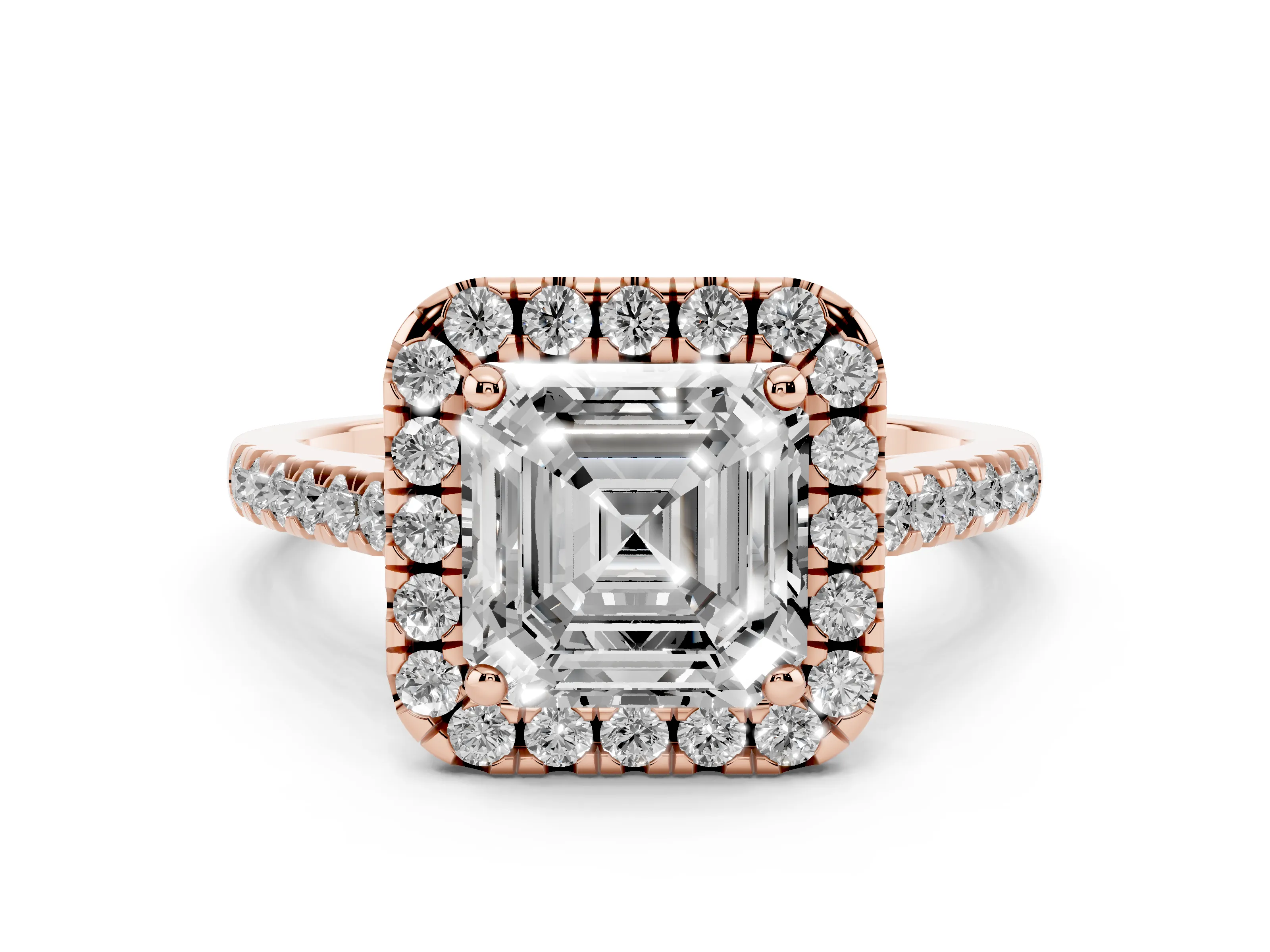 Asscher Cut Diamond Pavé Halo Engagement Ring Set in Rose gold with Pavé Band and Prong Setting