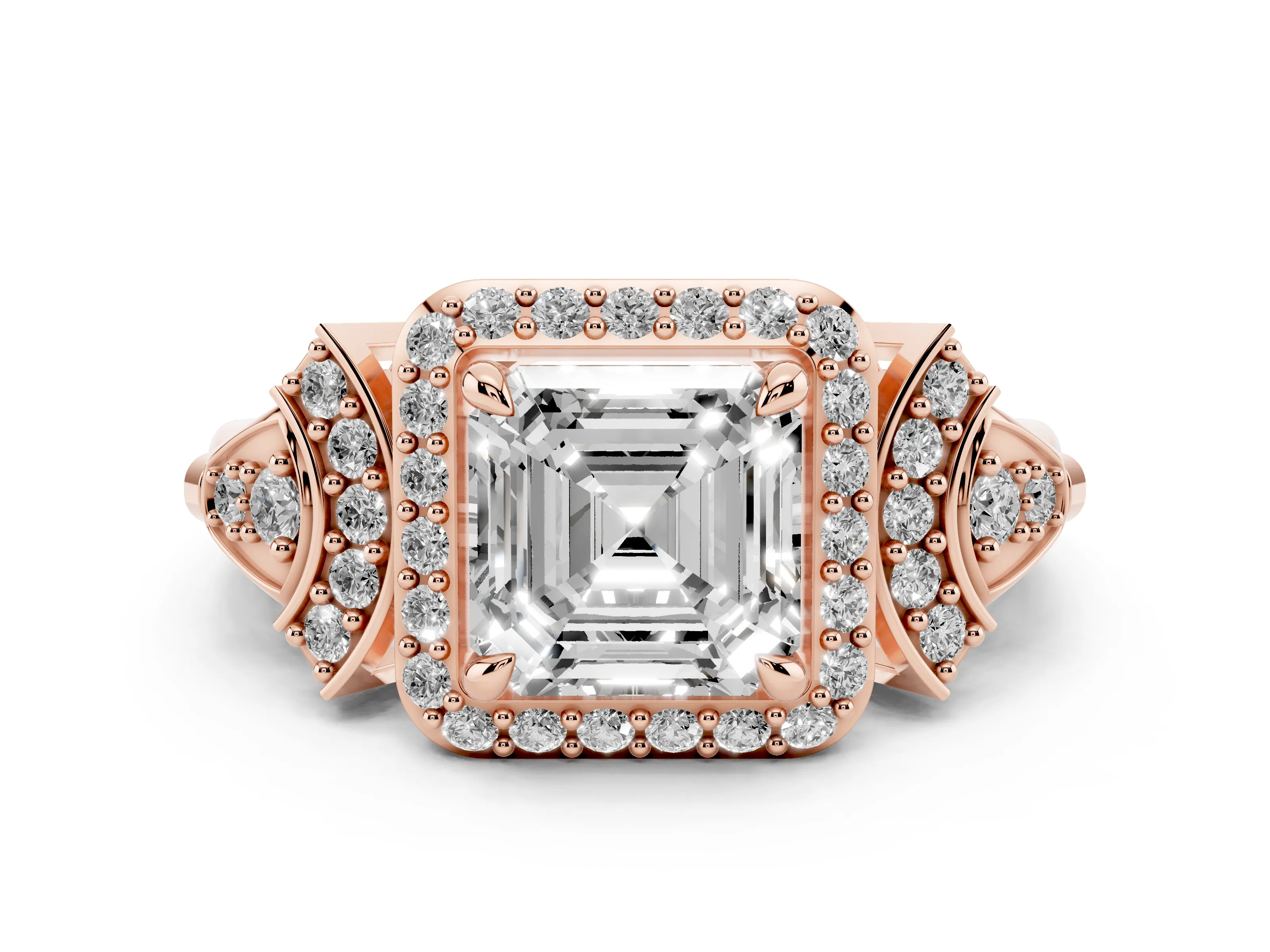 Asscher Cut Diamond Halo Engagement Ring Set in Rose gold with Accent Stone Split Shank