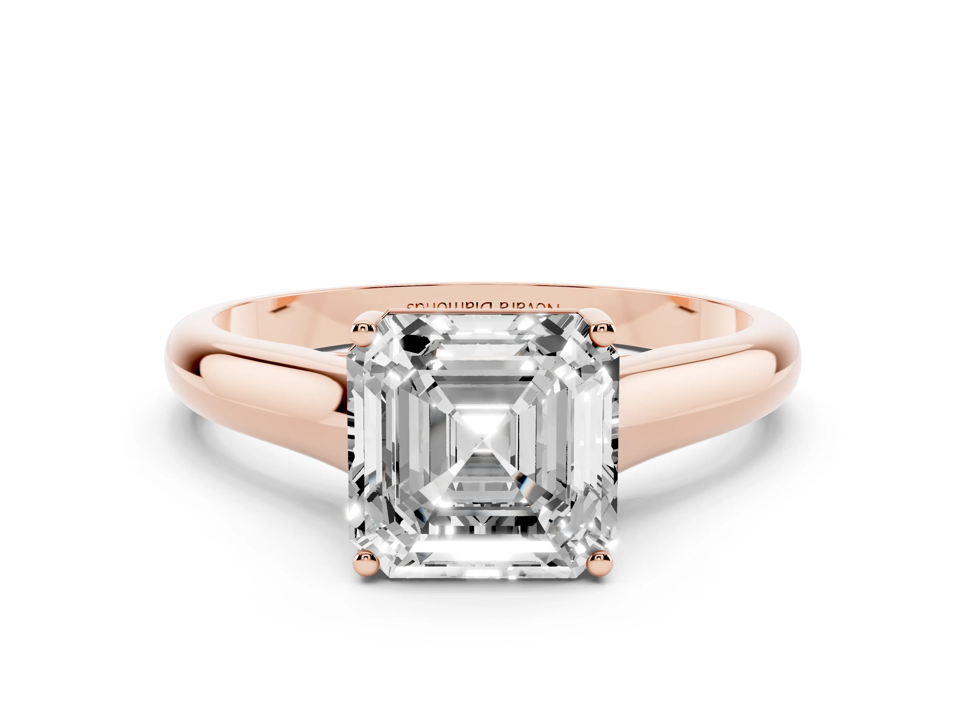 Asscher Cut Diamond Solitaire Engagement Ring Set in Rose gold with Subtly Tapered Band and Prong Setting
