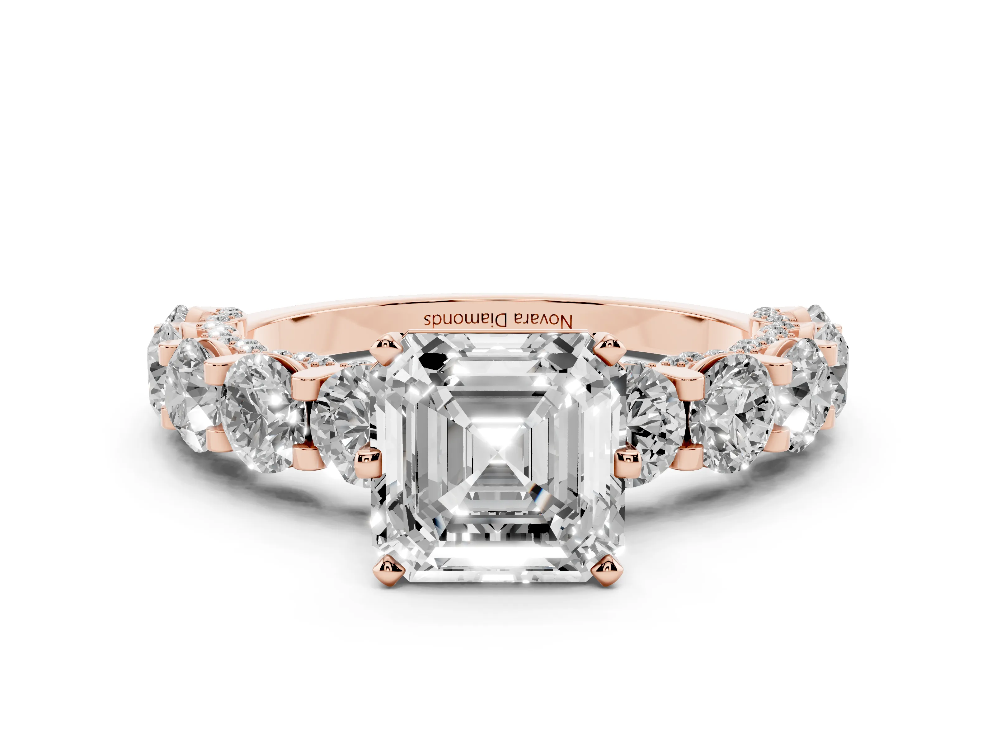 Asscher Cut Diamond Side Stone Ring Set in Rose gold with Alternating Round and Oval Side Stones
