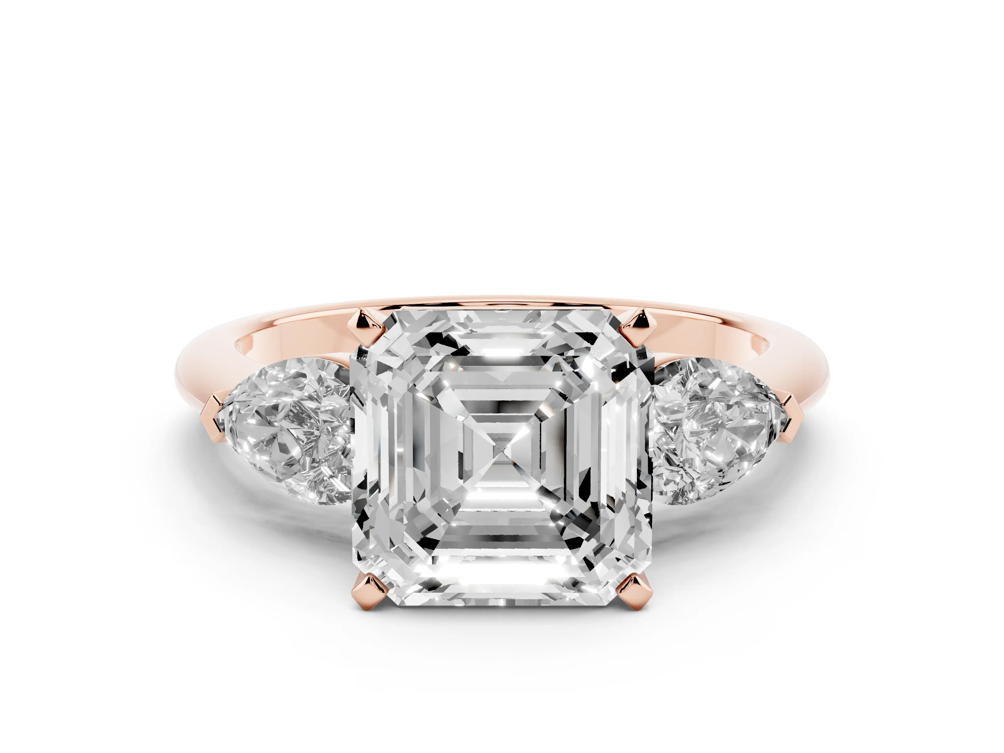 Three-Stone Asscher Cut Diamond Ring Set in Rose gold with Pear Side Stones and Prong Setting