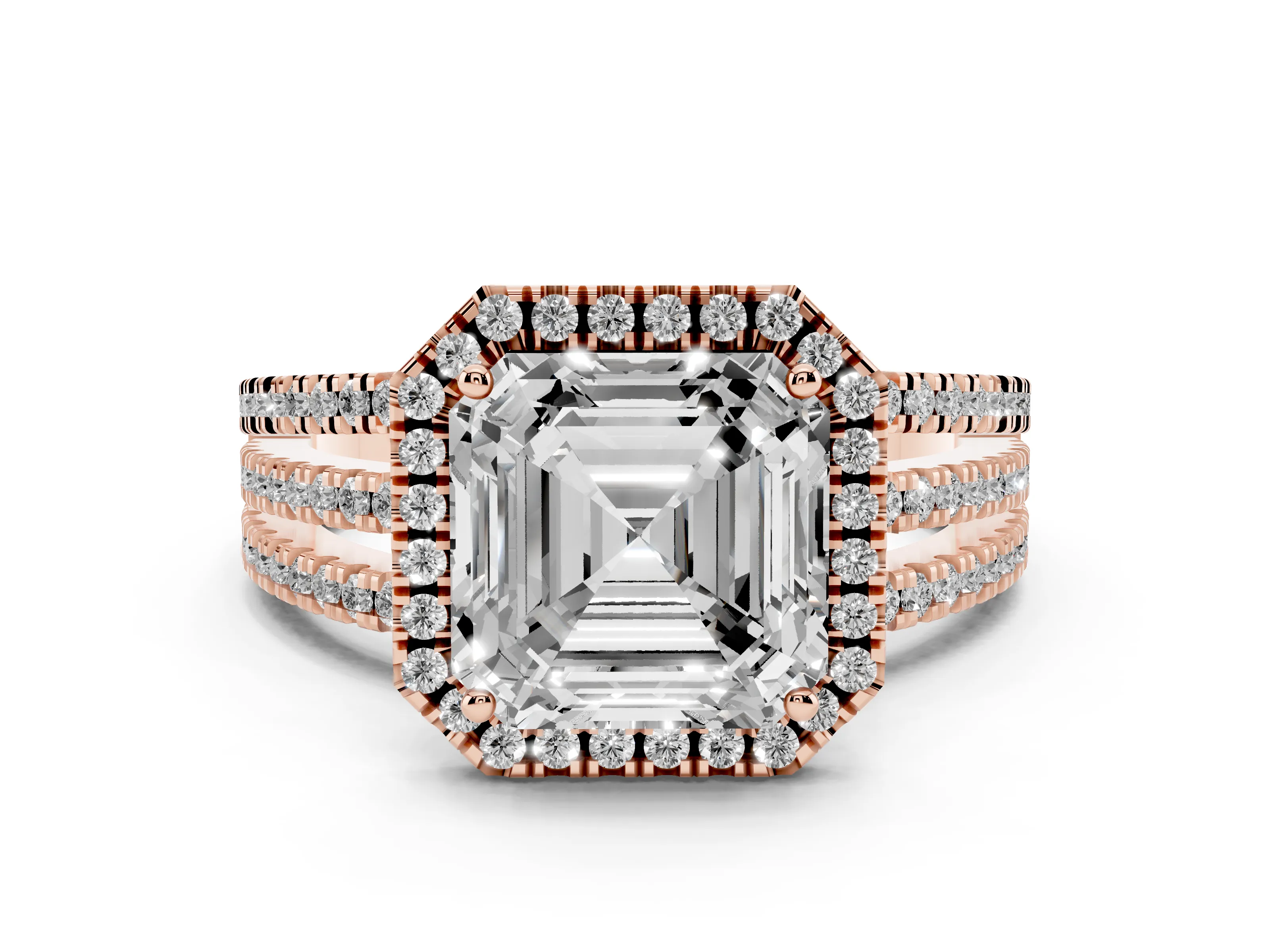 Asscher Cut Diamond Halo Split Shank Engagement Ring Set in Rose gold with Prong Setting