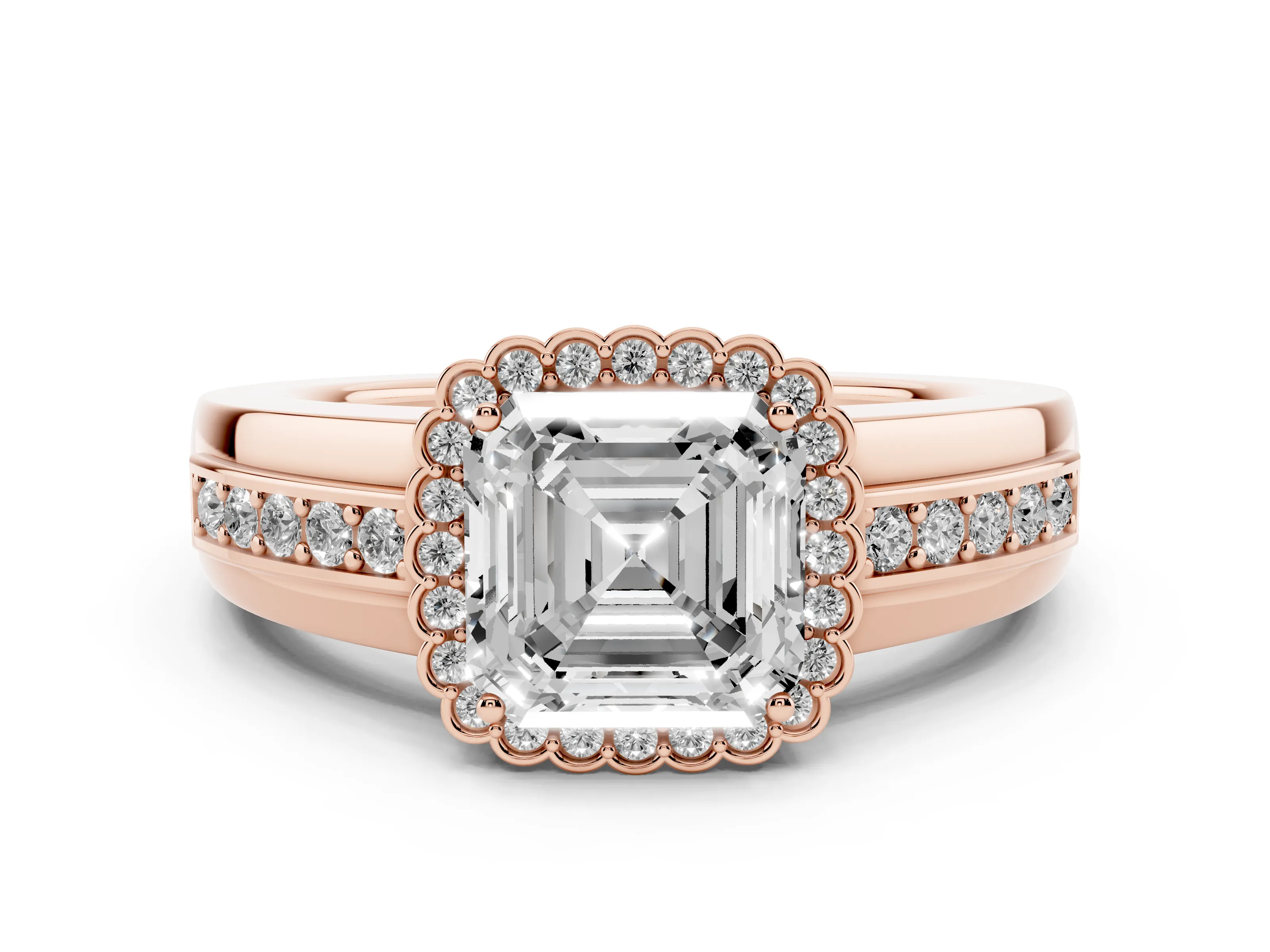 Asscher Cut Diamond Halo Prong Ring Set in Rose gold with Pavé Band