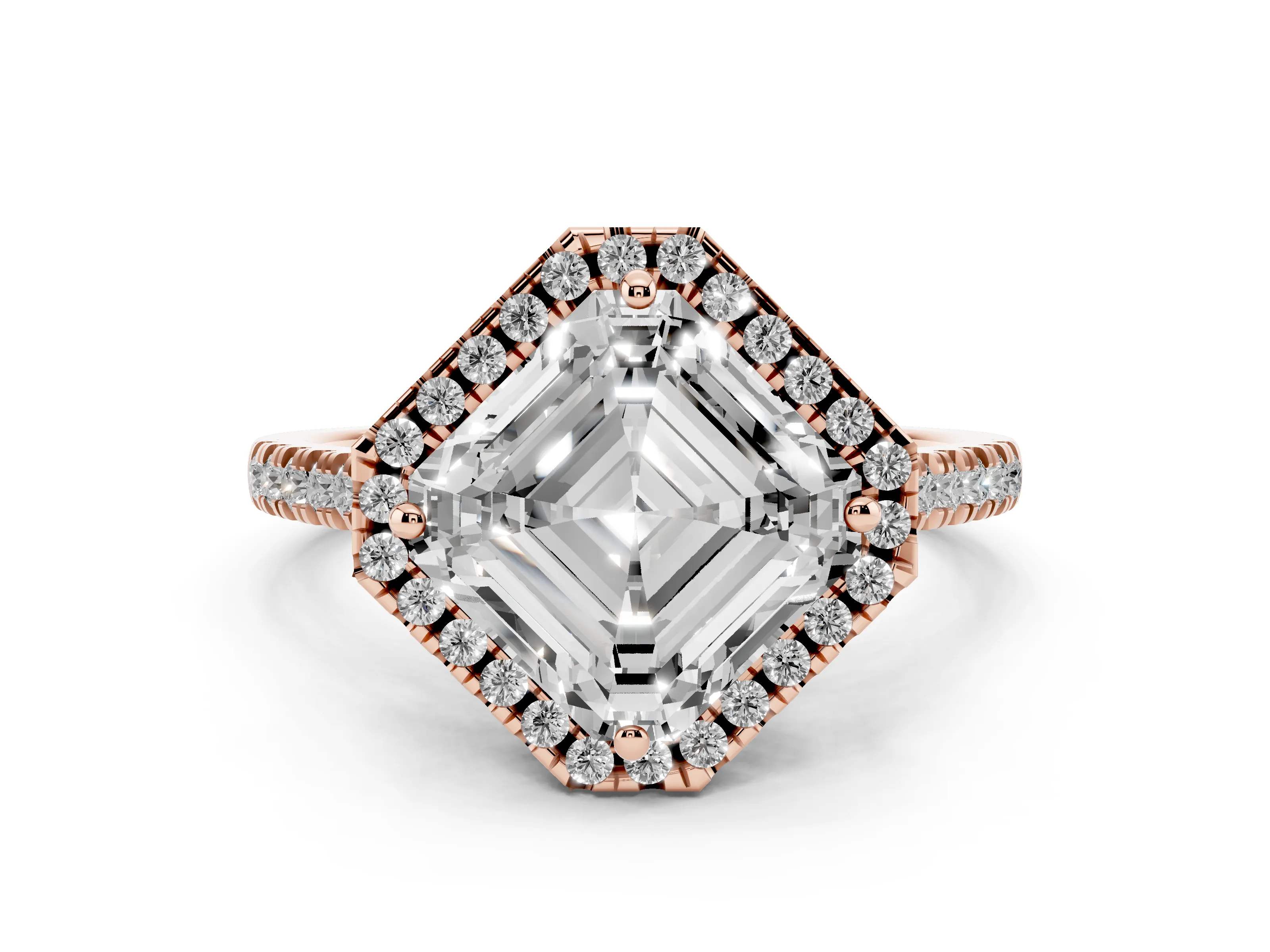 Asscher Cut Diamond Cushion Halo Ring Set in Rose gold with Pavé Band