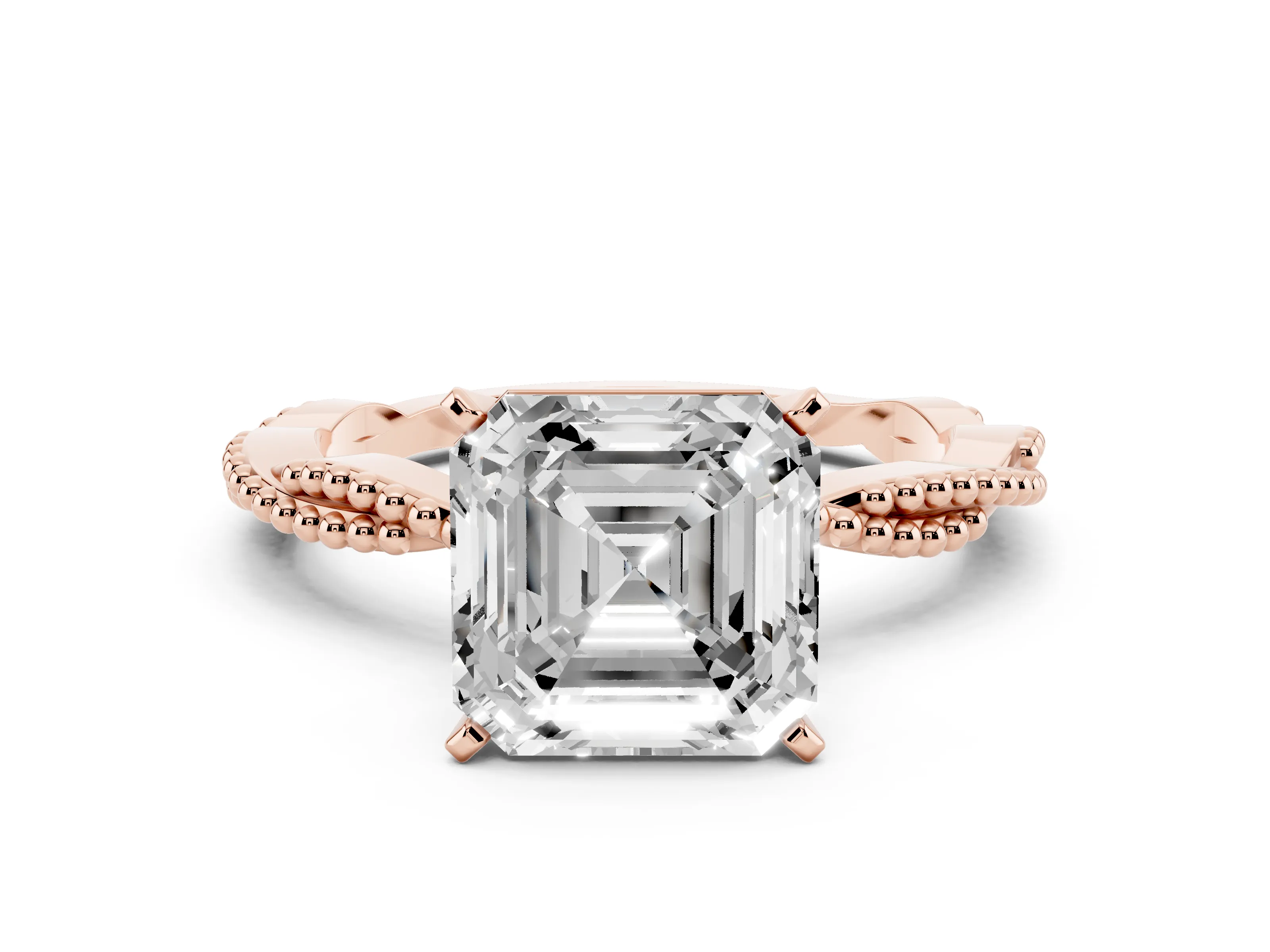 Asscher Cut Diamond Solitaire Ring Set in Rose gold with Twisted Band and Bead Prong Setting