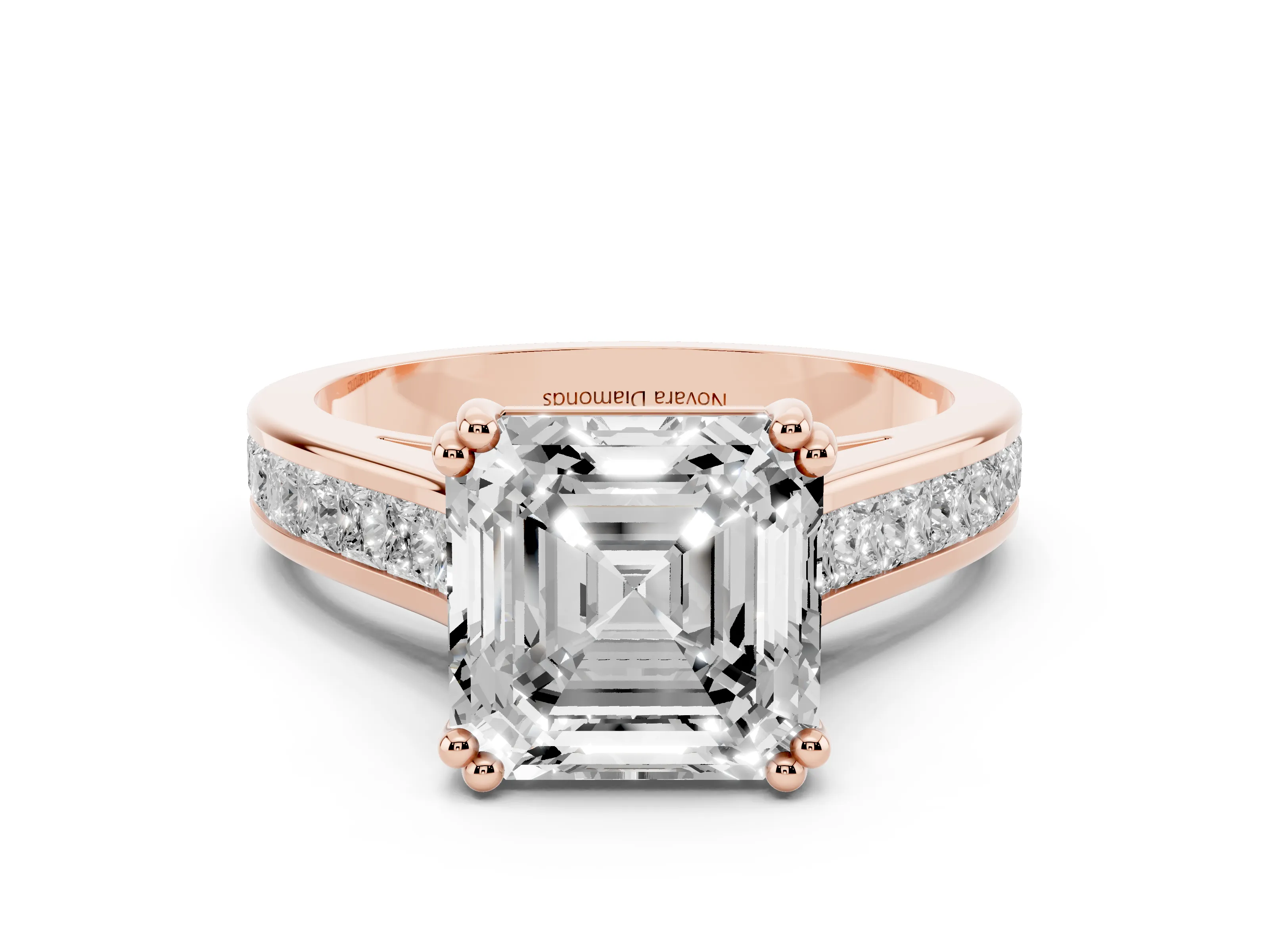 Asscher Cut Diamond Channel Set Solitaire Engagement Ring Set in Rose gold with Prong Setting