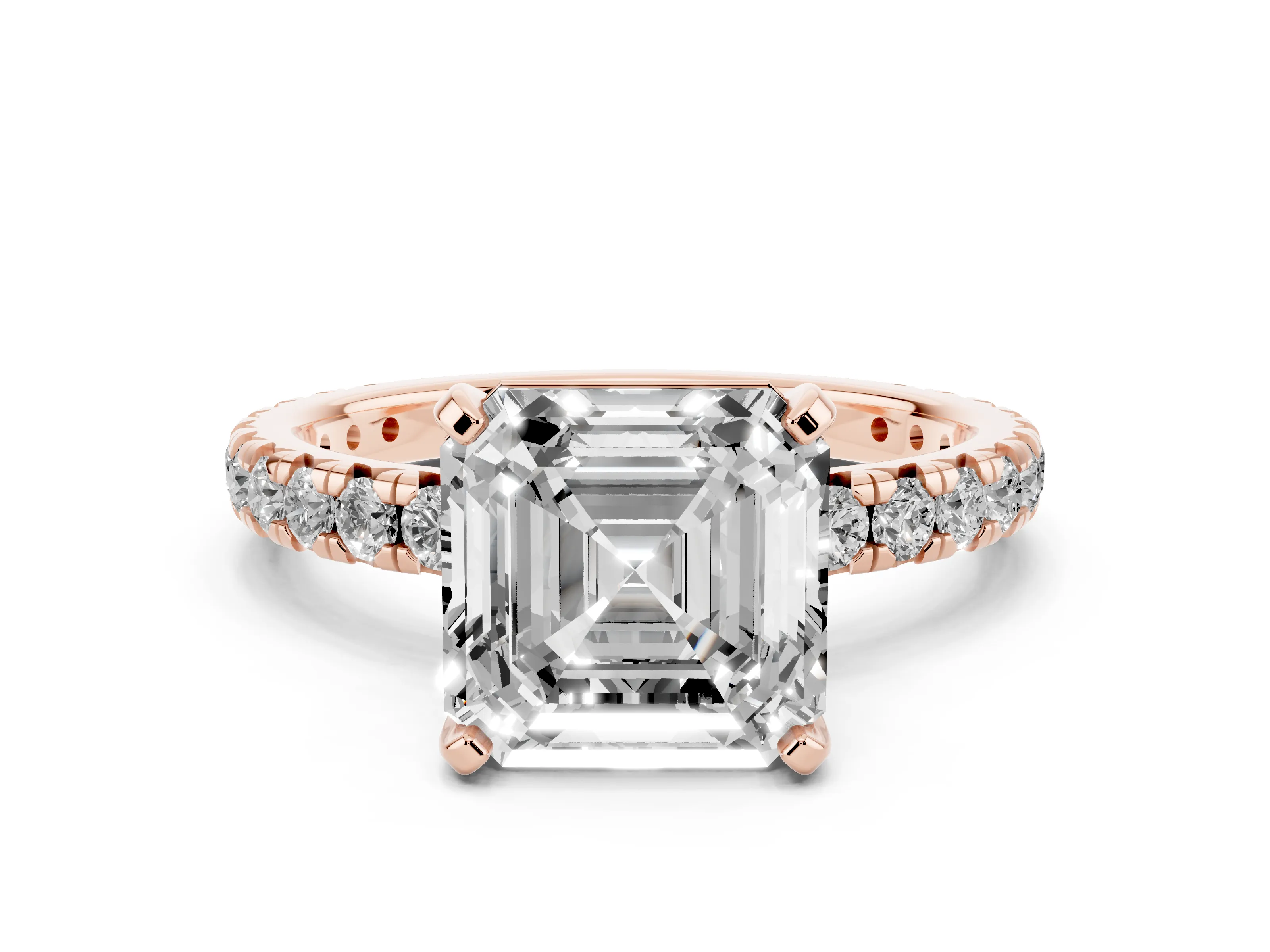 Asscher Cut Diamond Pavé Solitaire Ring Set in Rose gold with Round Band and Prong Setting