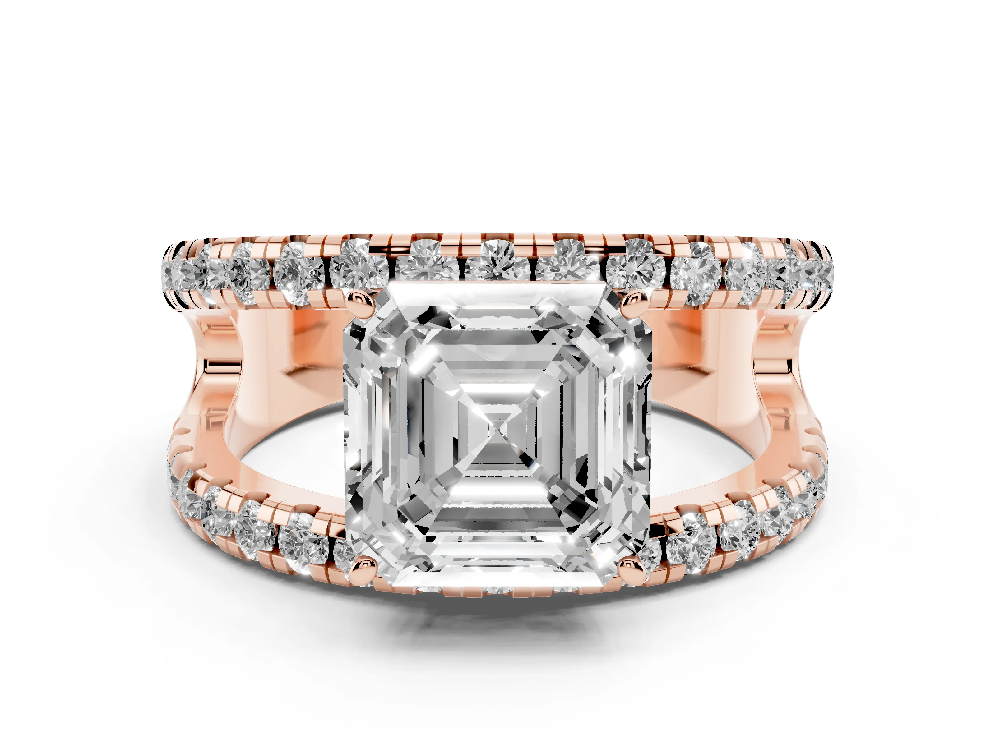 Asscher Cut Diamond Split Shank Pavé Solitaire Ring Set in Rose gold with Open Shank Design