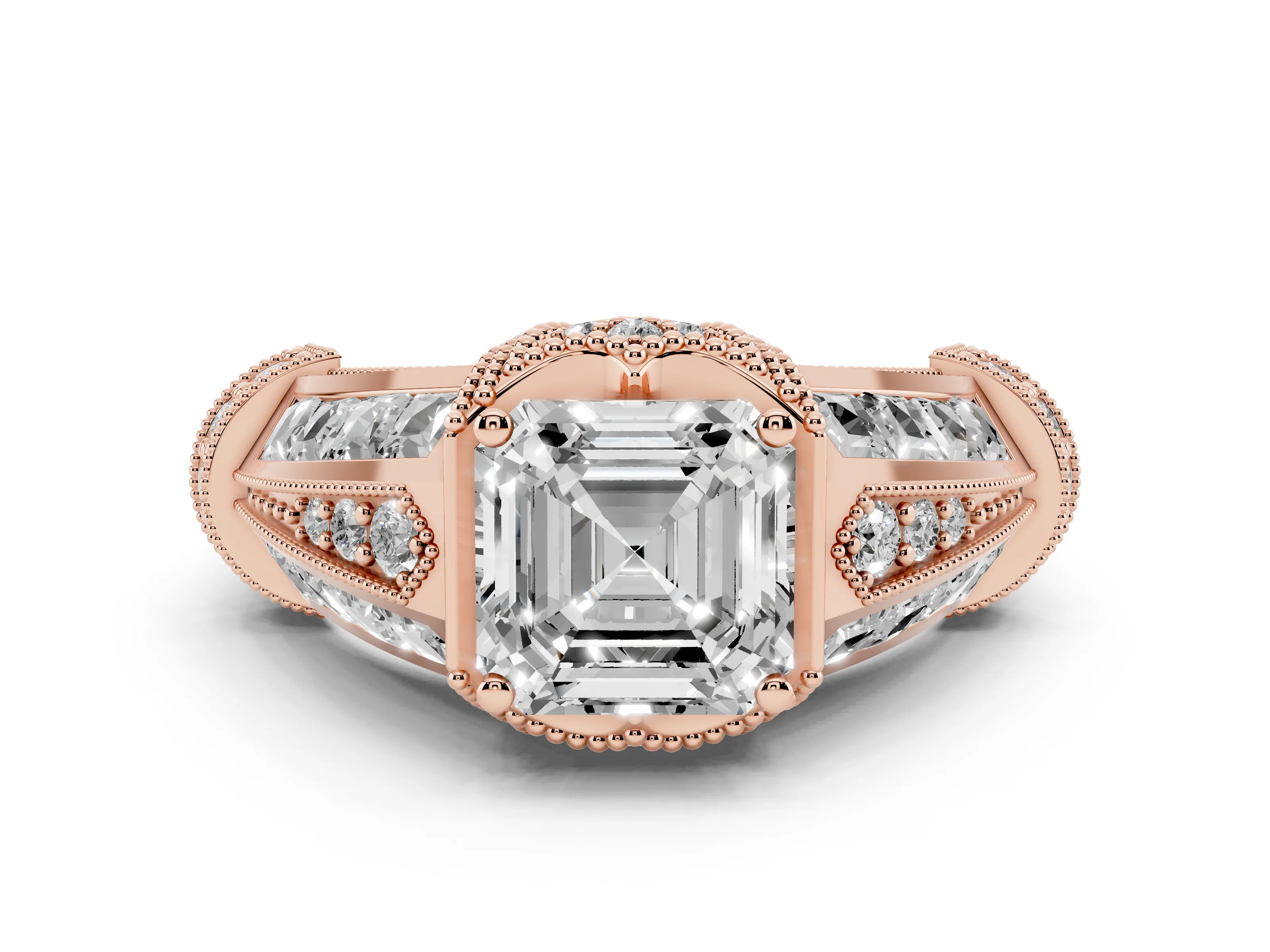Asscher Cut Diamond Vintage-Inspired Milgrain Ring Set in Rose gold with Accent Split Shank