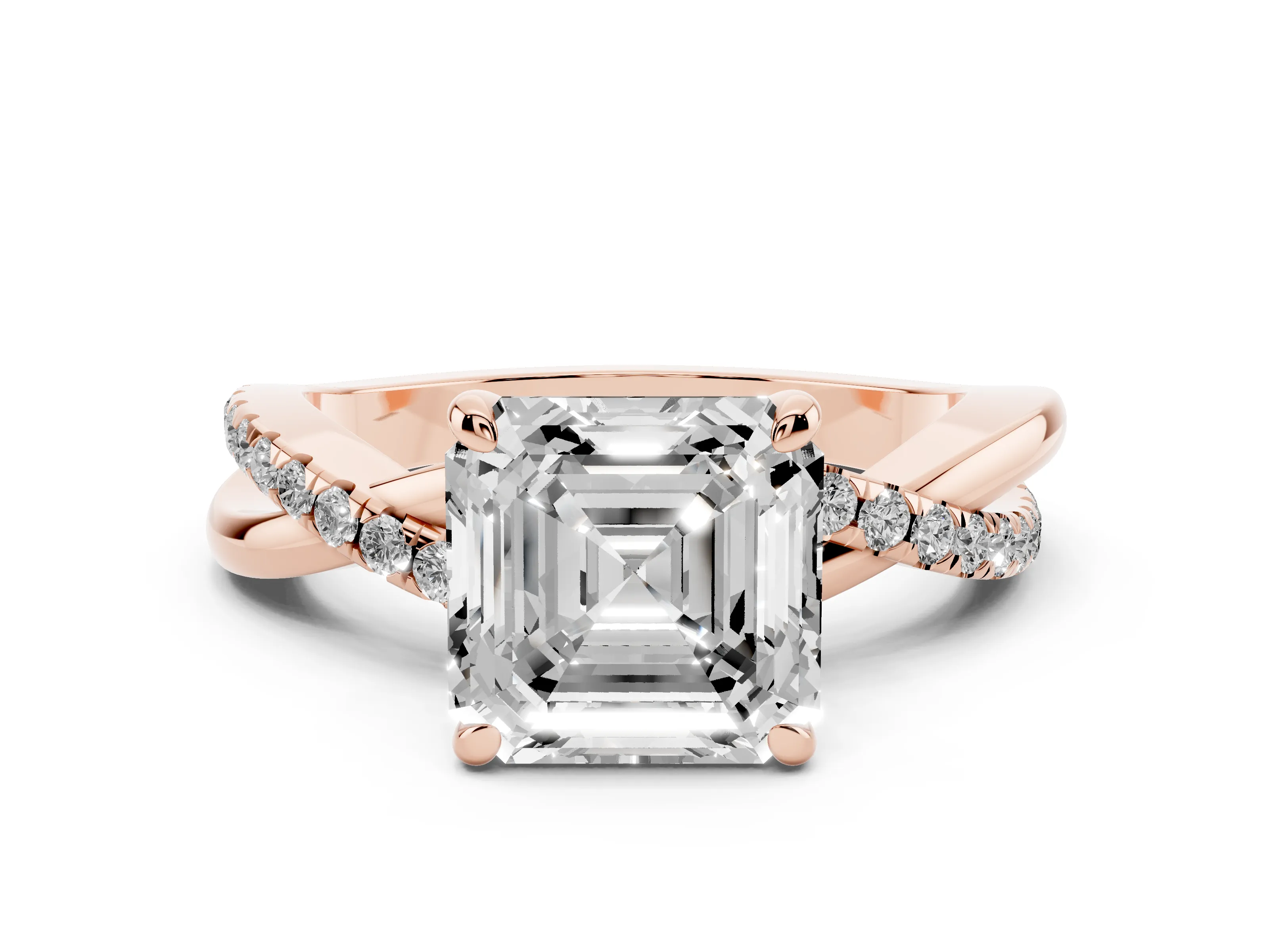 Asscher Cut Diamond Twist Band Pavé Solitaire Ring Set in Rose gold with Prong Setting