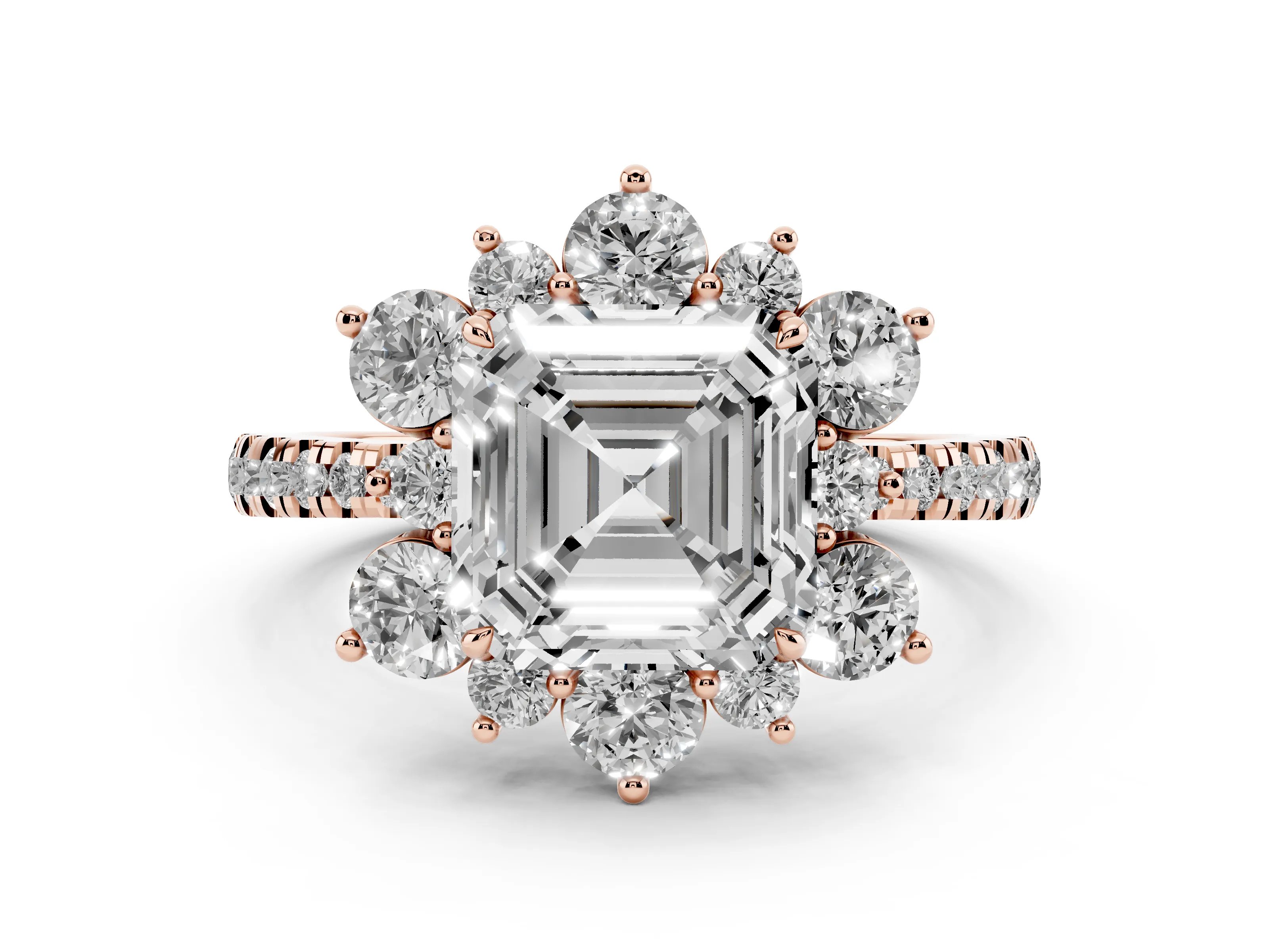 Asscher Cut Diamond Floral Halo Ring Set in Rose gold with Round Pavé Band and Prong Setting