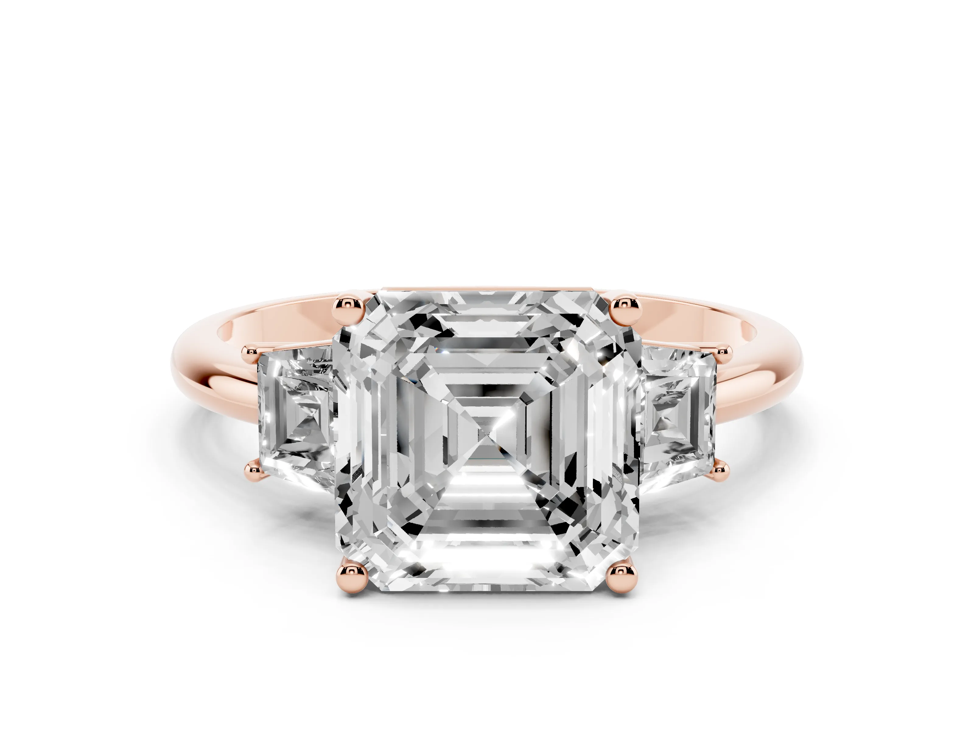 Asscher Cut Diamond Three-Stone Ring Set in Rose gold with Trapezoid Side Stones and Prong Setting