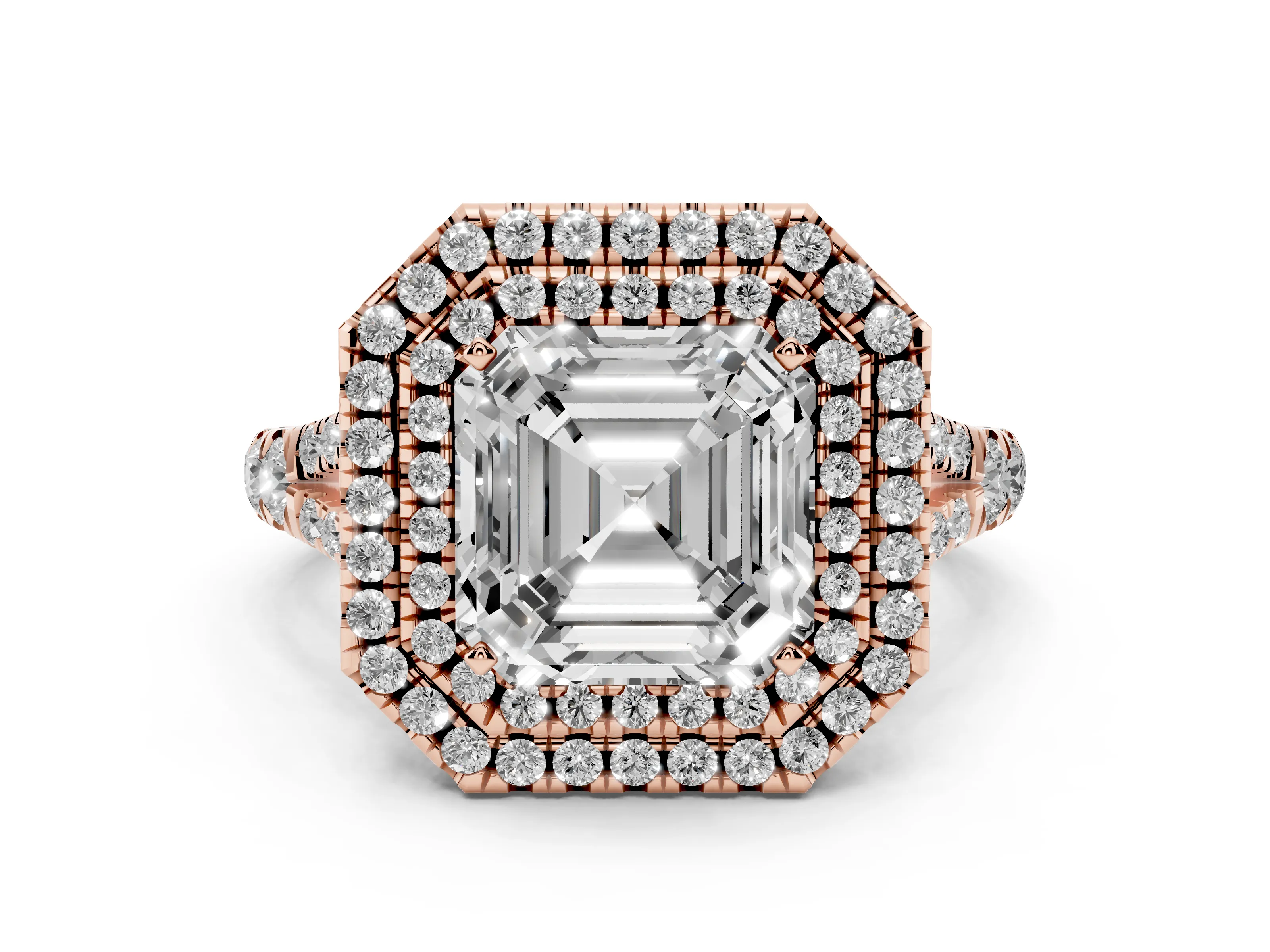 Asscher Cut Diamond Pavé Split Shank Double Halo Engagement Ring Set in Rose gold