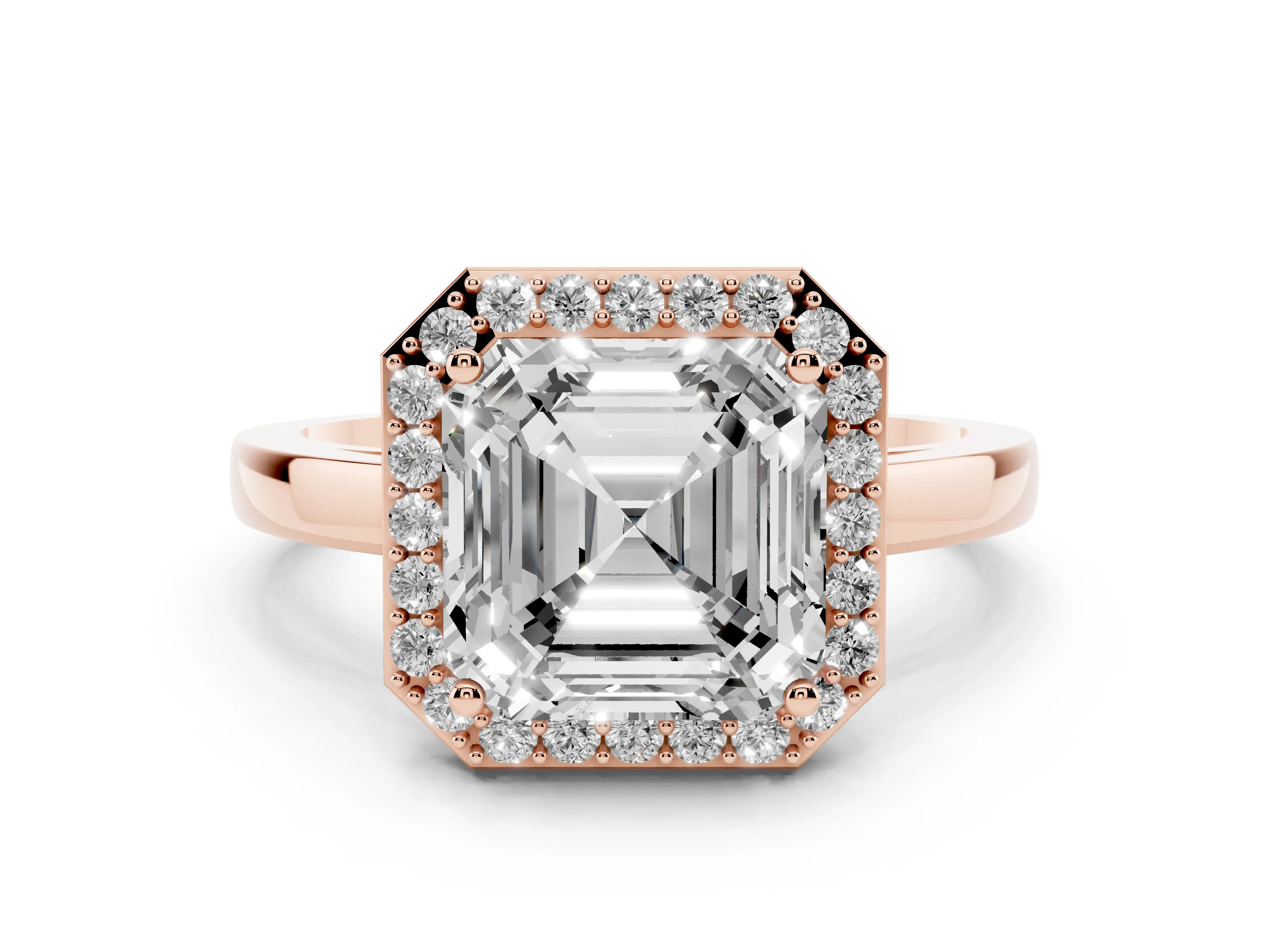 Asscher Cut Diamond Halo Ring Set in Rose gold with Solitaire Band and Prong Setting