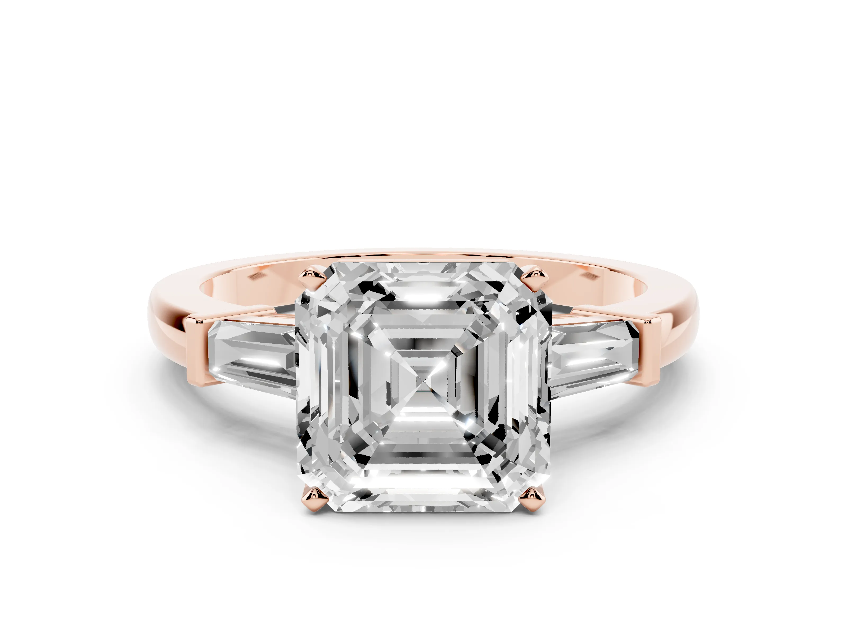 Asscher Cut Diamond Solitaire Ring Set in Rose gold with Tapered Baguette Accents and Prong Setting