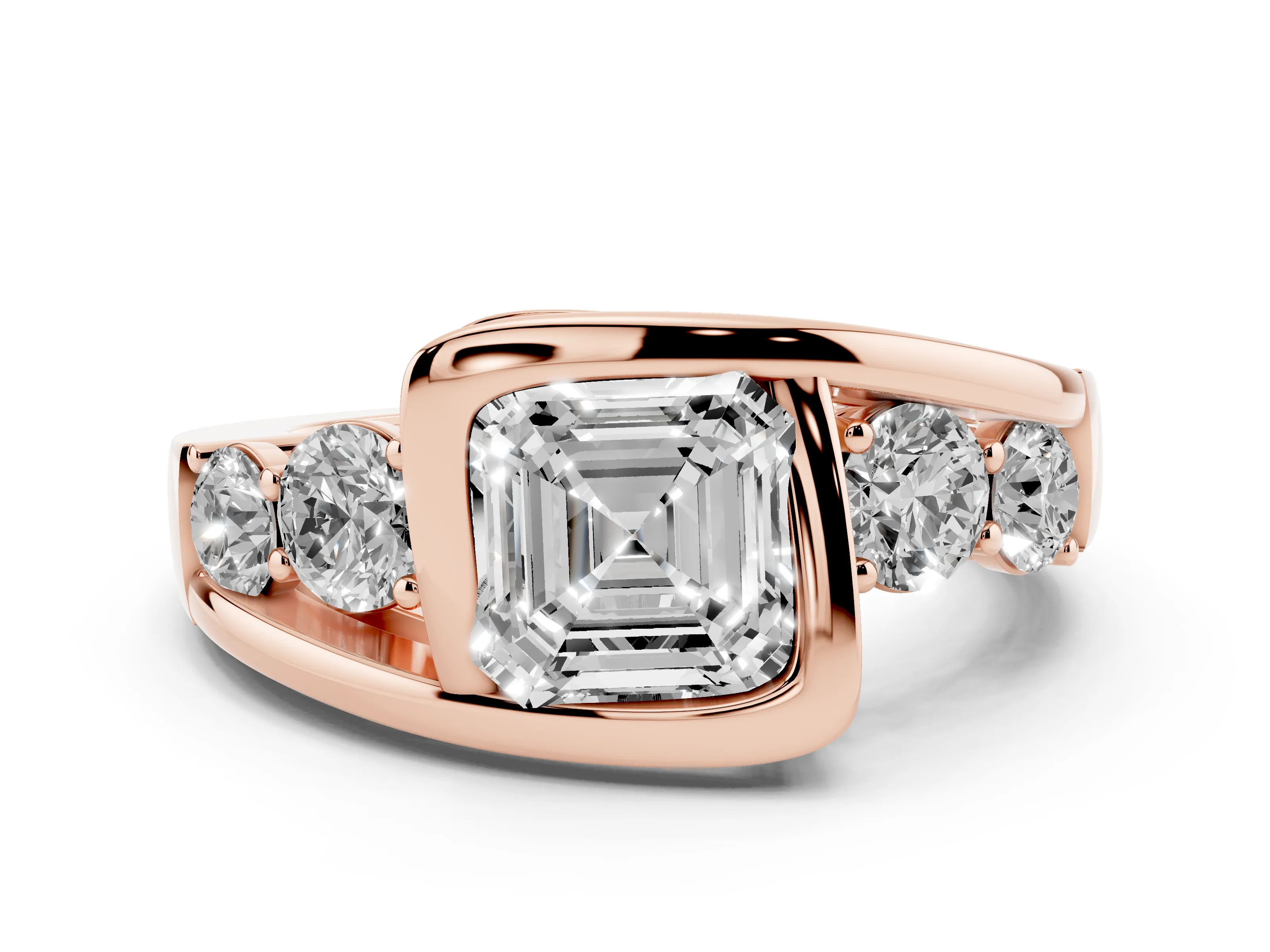 Asscher Cut Diamond Bezel Bypass Ring Set in Rose gold with Round Accents