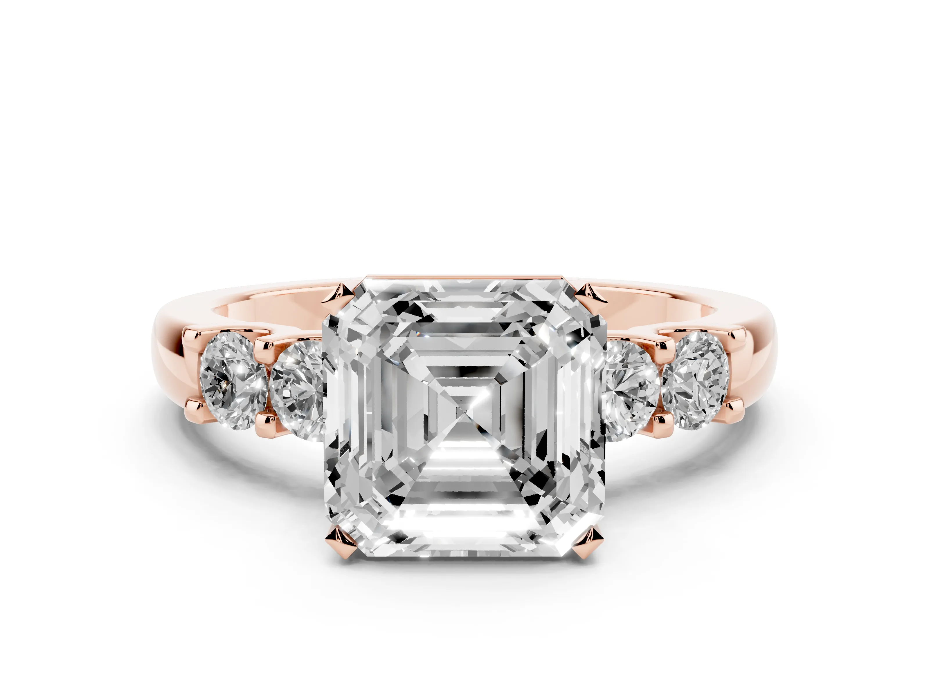 Asscher Cut Diamond Five-Stone Prong Set Engagement Ring Set in Rose gold with Channel Band