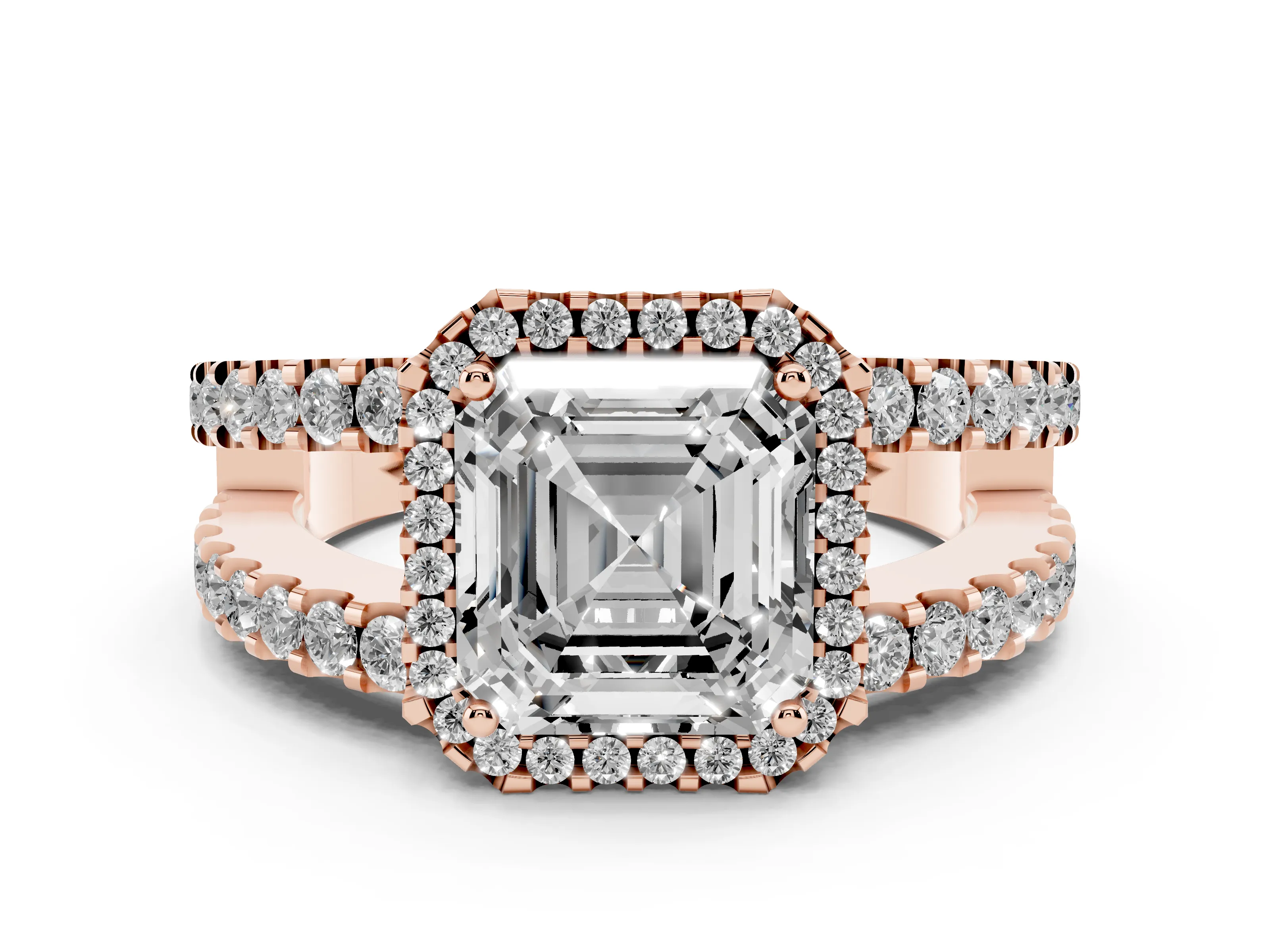 Asscher Cut Diamond Halo Ring Set in Rose gold with Pavé Split Shank and Prong Setting