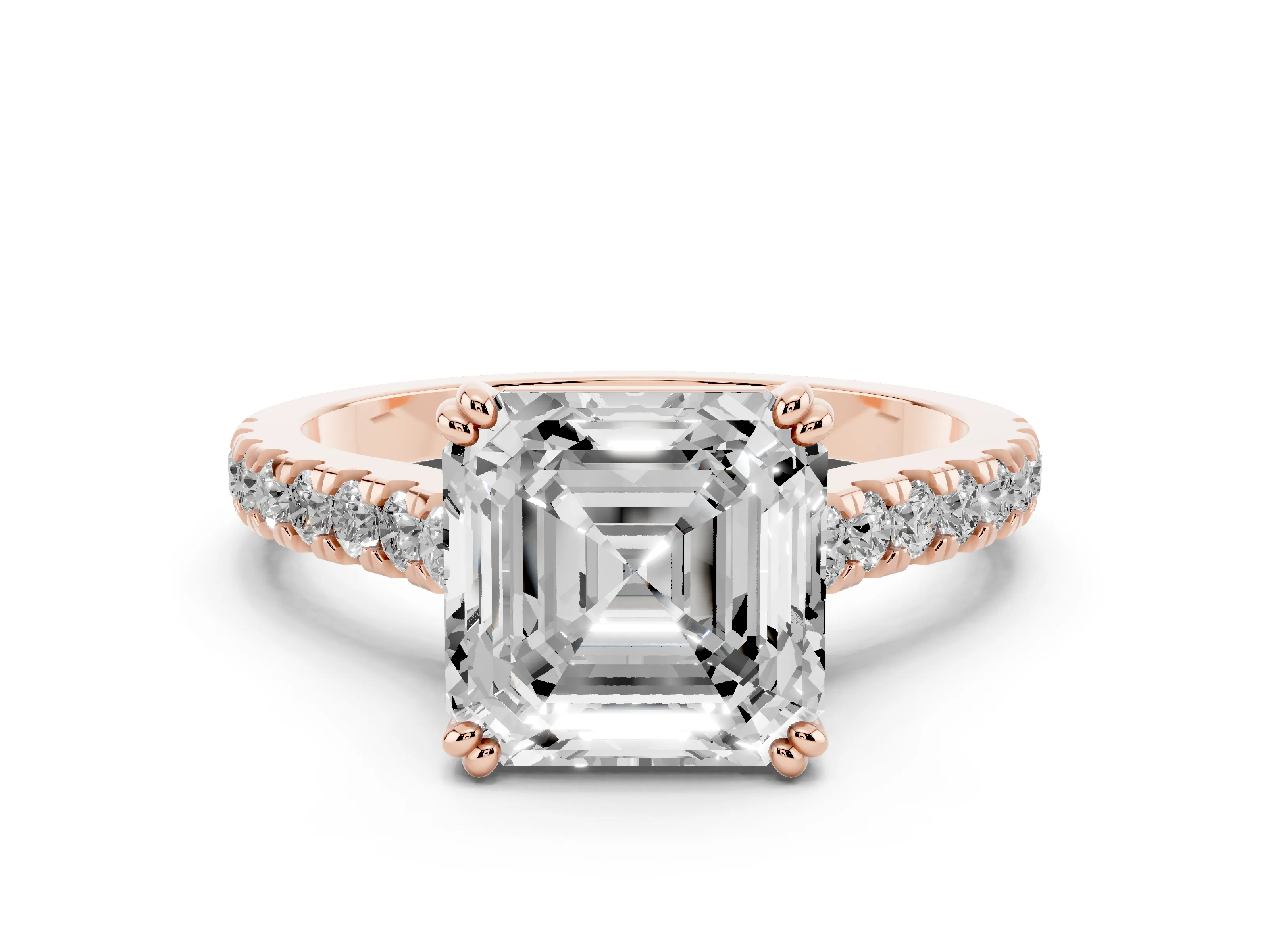 Asscher Cut Diamond Solitaire Engagement Ring Set in Rose gold with Pavé Accents and Prong Setting