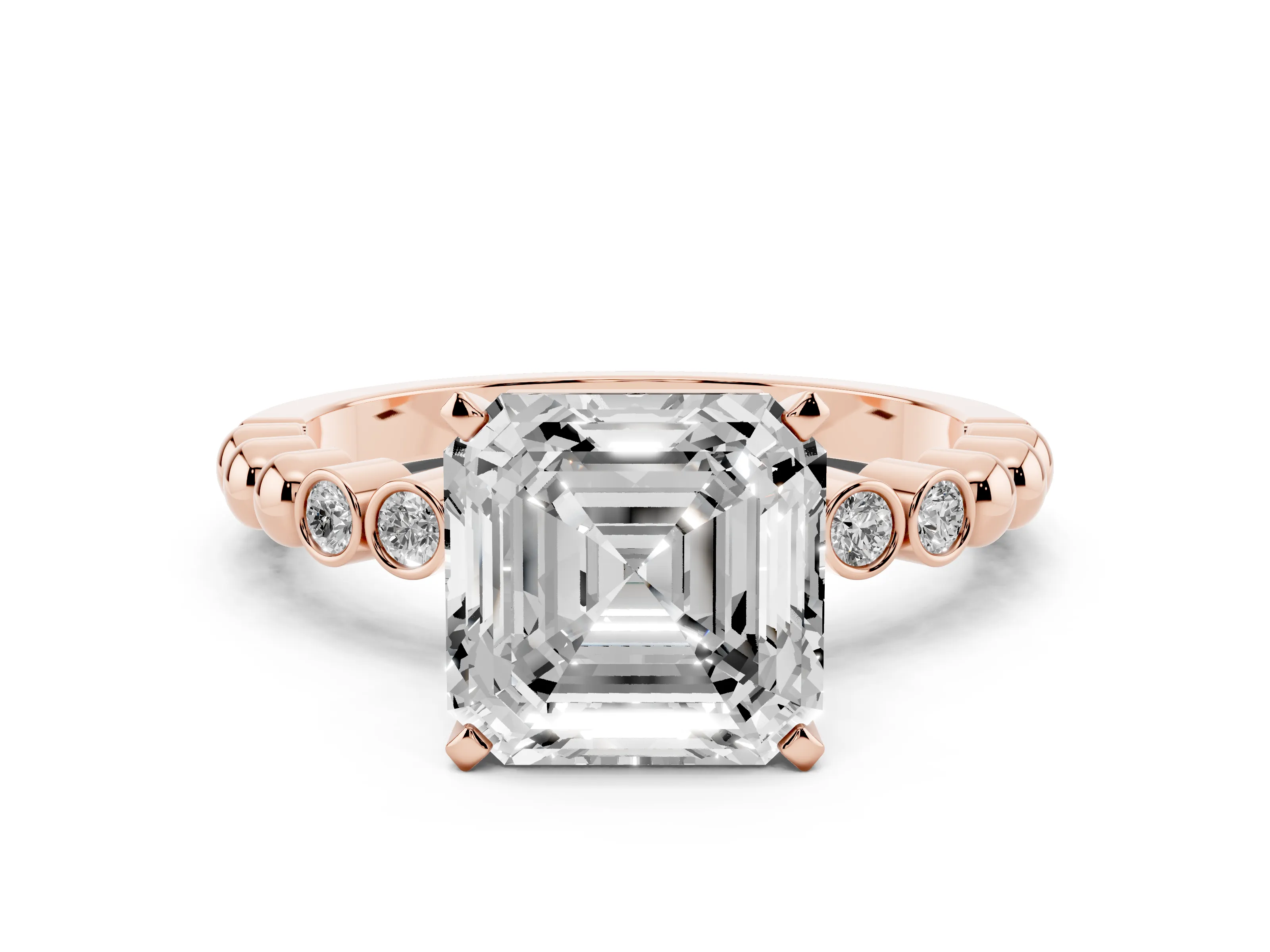 Asscher Cut Diamond Solitaire Engagement Ring Set in Rose gold with Bezel Accents on Beaded Band