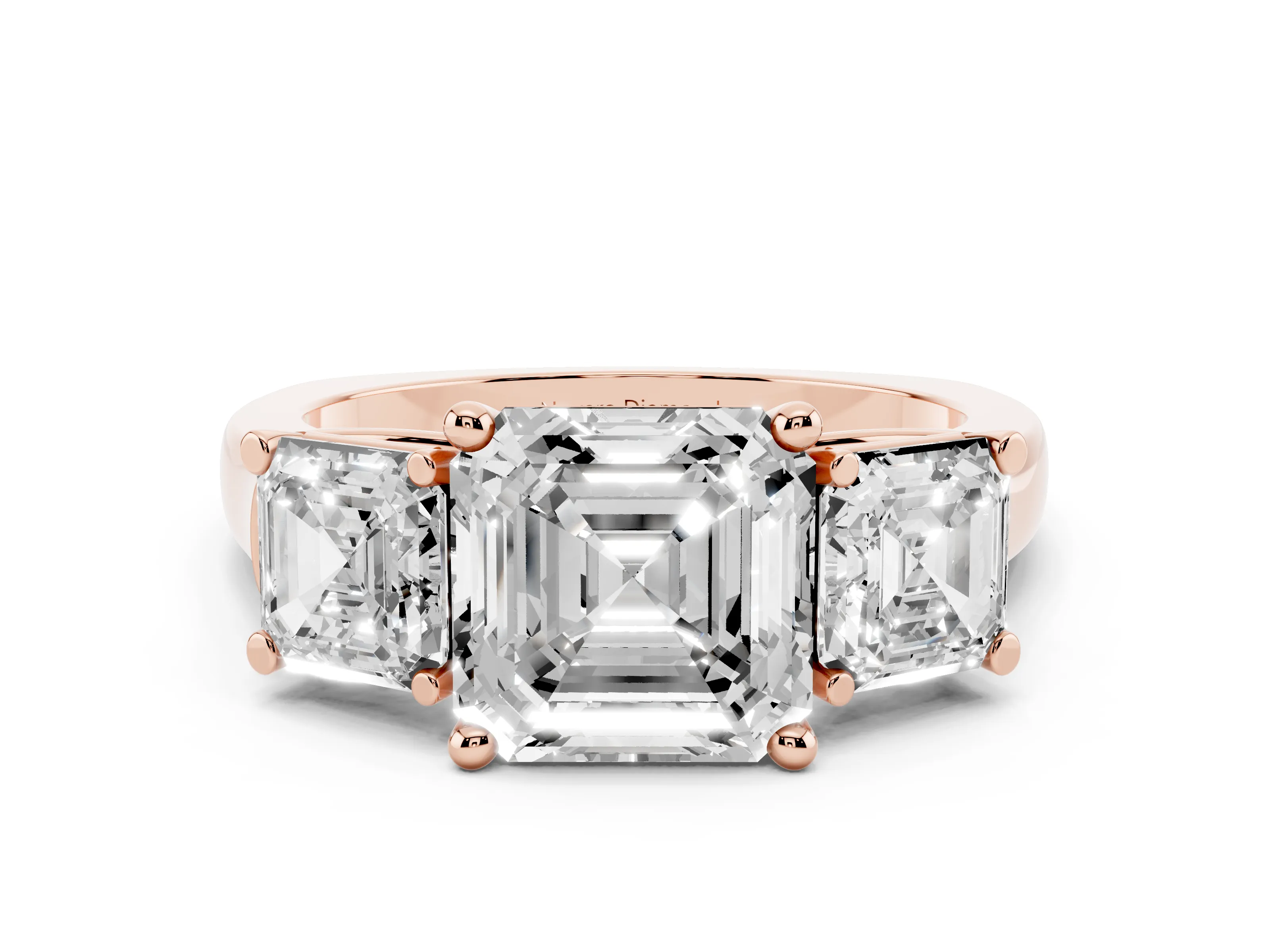 Asscher Cut Diamond Three-Stone Trellis Ring Set in Rose gold with Comfort Fit Band