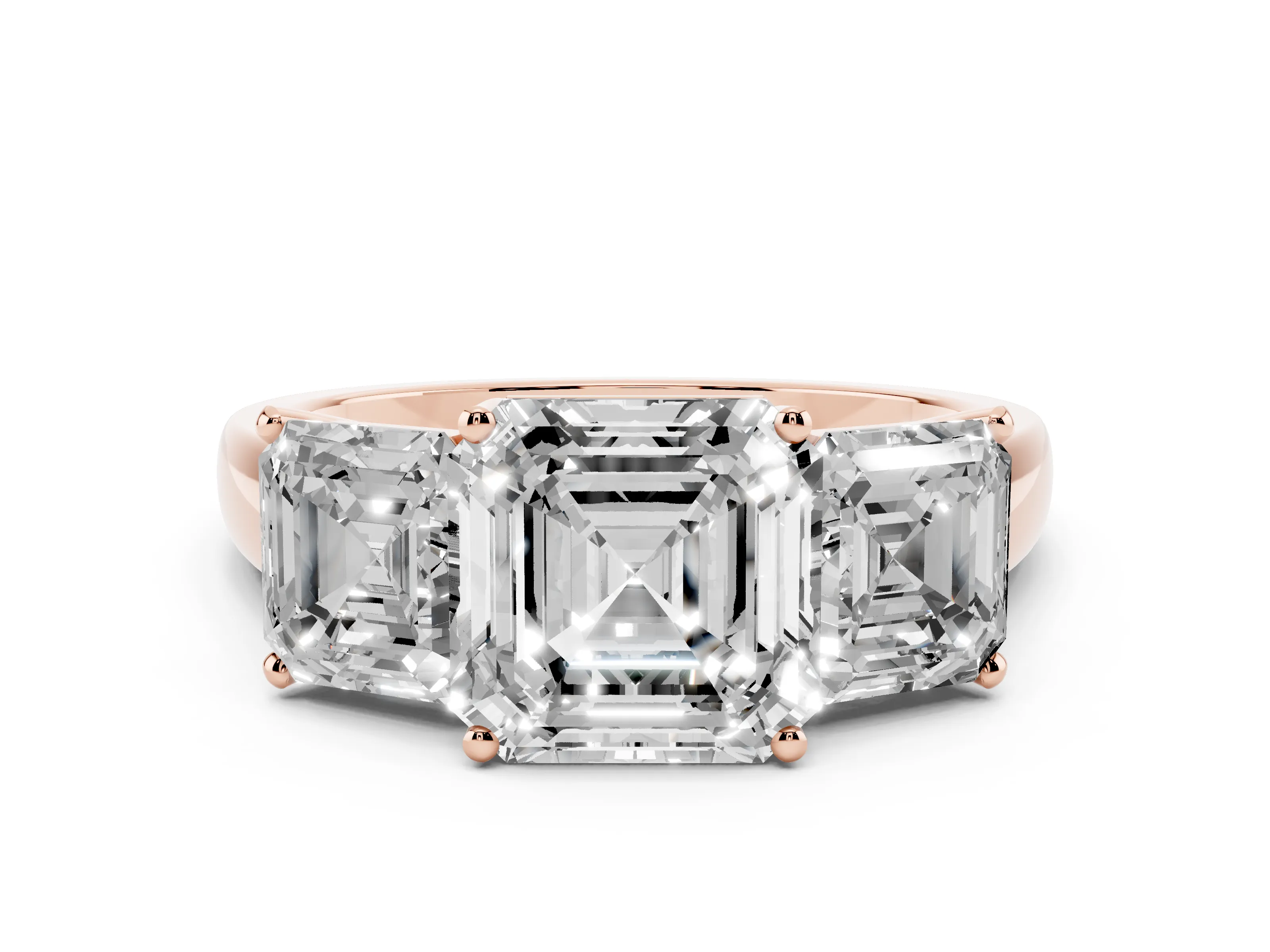 Asscher Cut Diamond Three-Stone Ring Set in Rose gold with Classic Prong Setting and Plain Band
