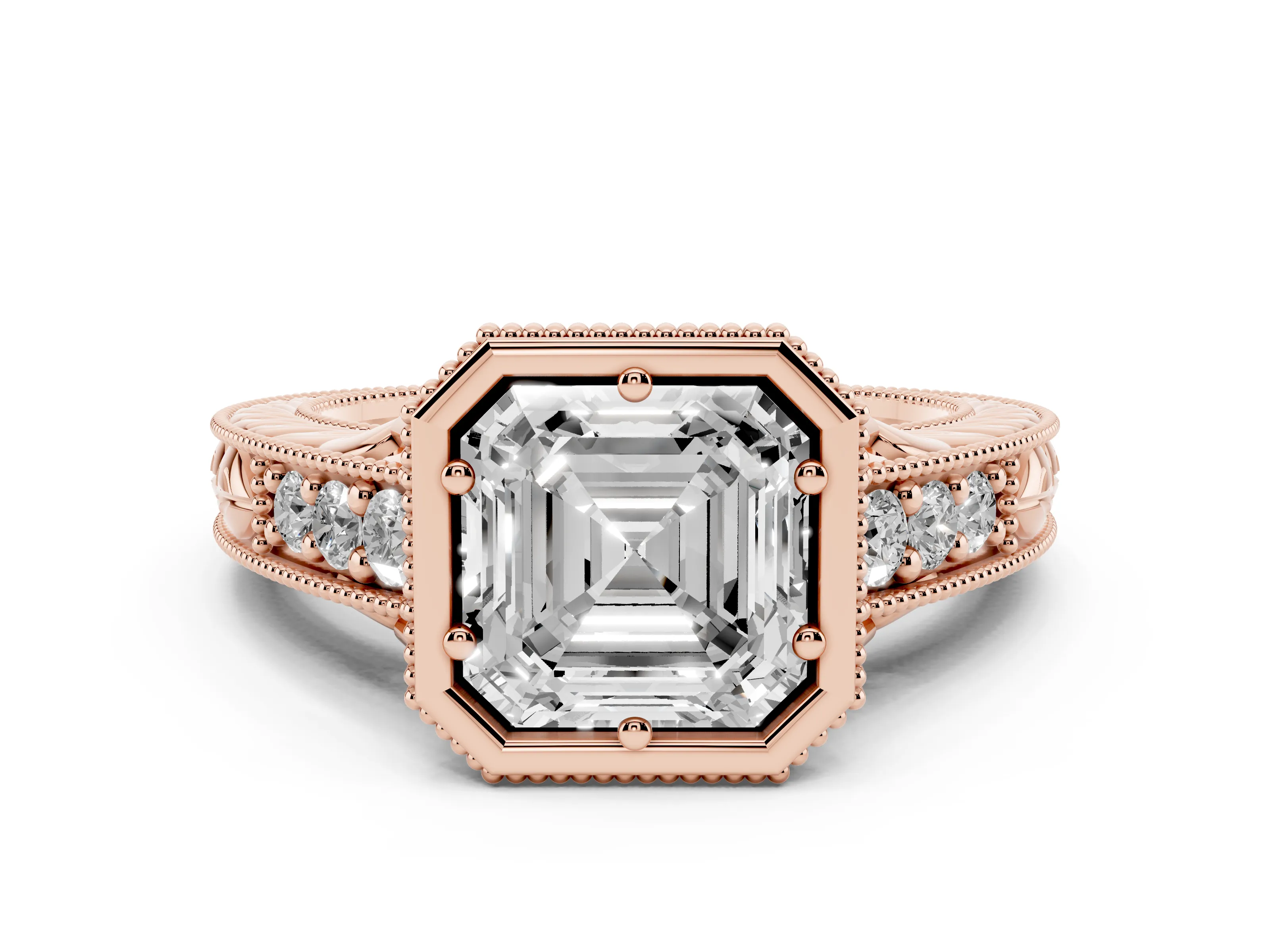 Bezel Set Asscher Cut Diamond Milgrain Pavé Engagement Ring Set in Rose gold