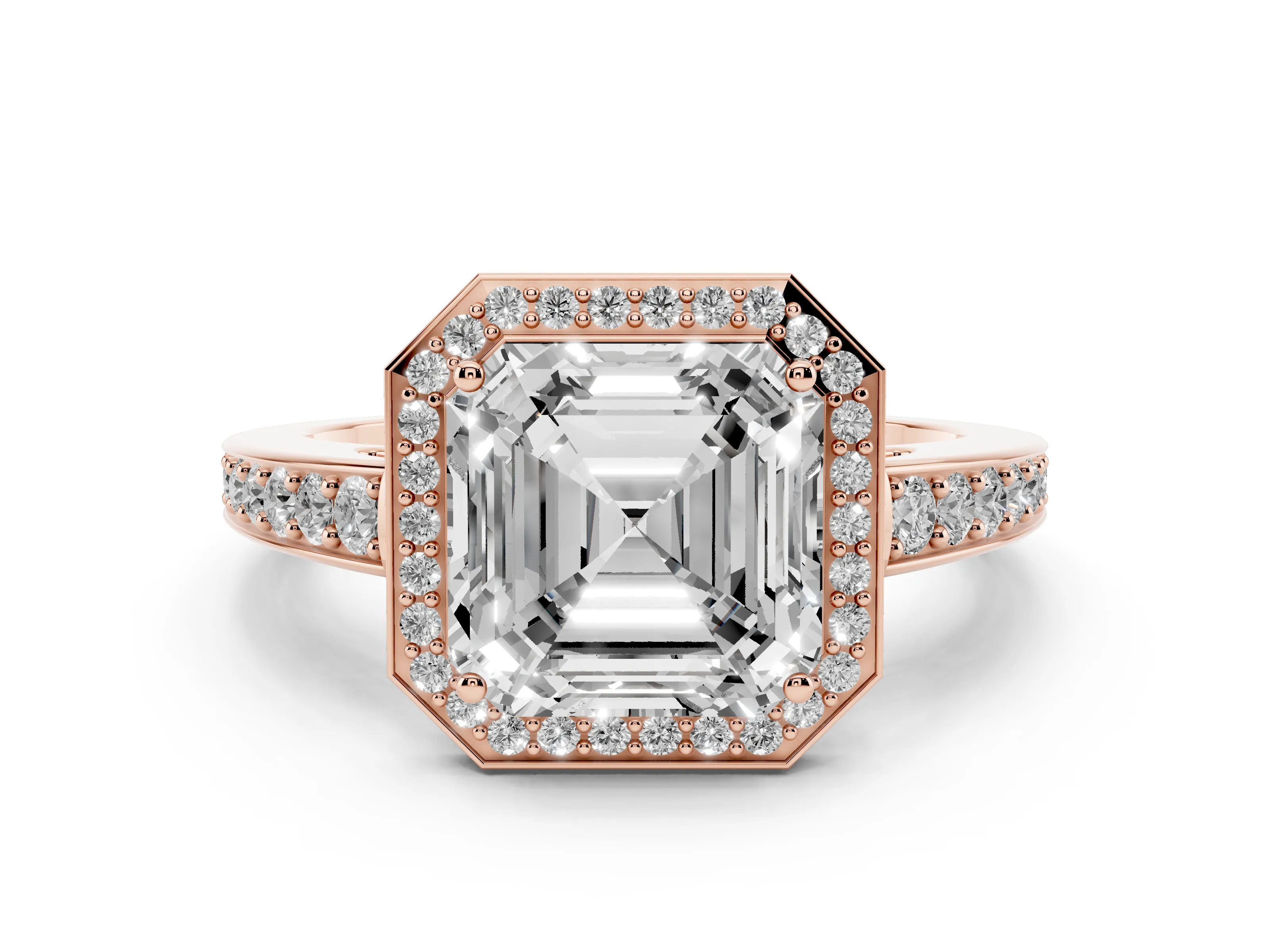 Asscher Cut Diamond Halo Pavé Engagement Ring Set in Rose gold with Bezel Setting