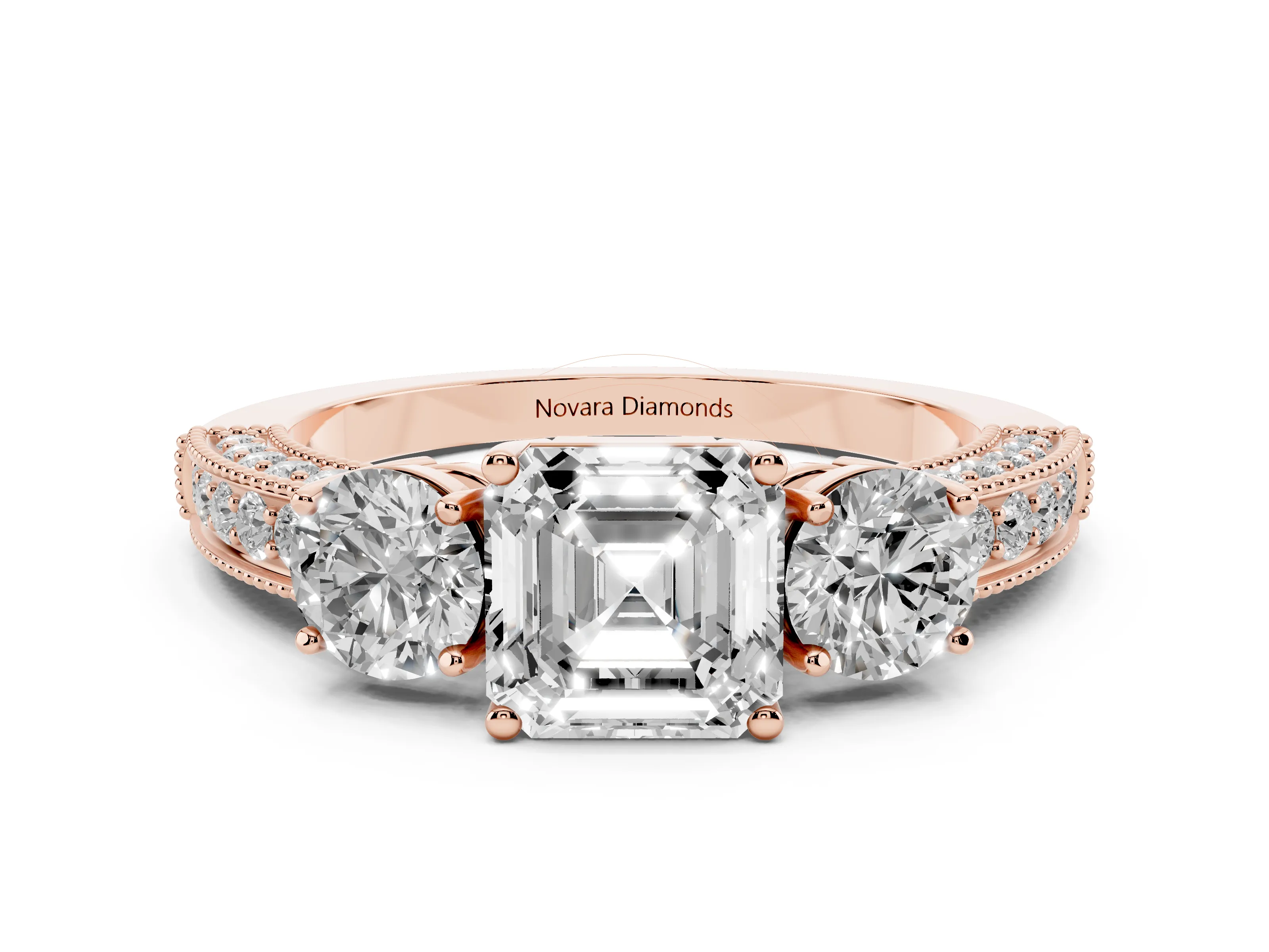 Asscher Cut Diamond Three-Stone Ring Set in Rose gold with Round Side Stones and Pavé Band