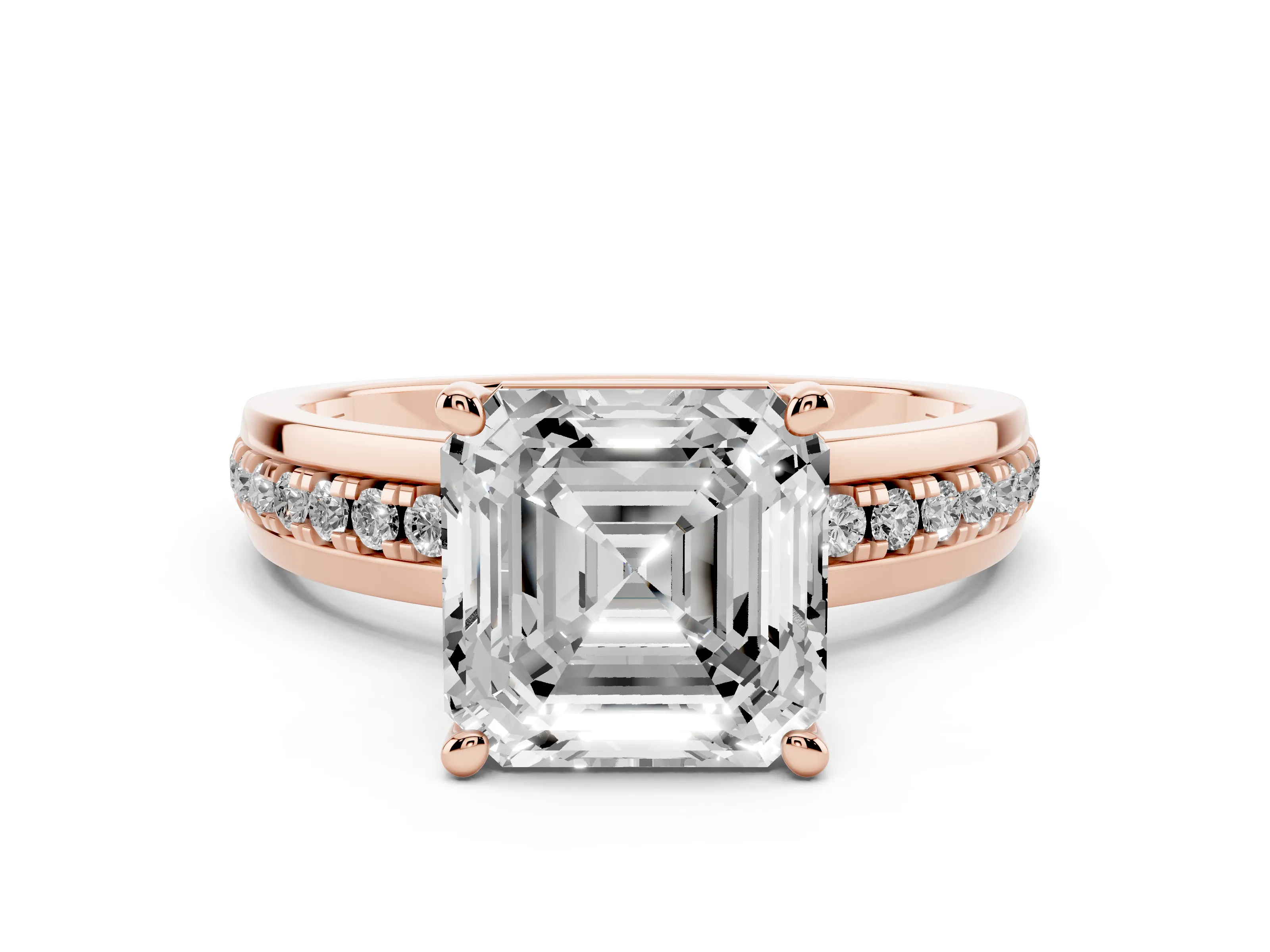 Asscher Cut Diamond Solitaire Ring Set in Rose gold with Channel Set Band and Prong Setting