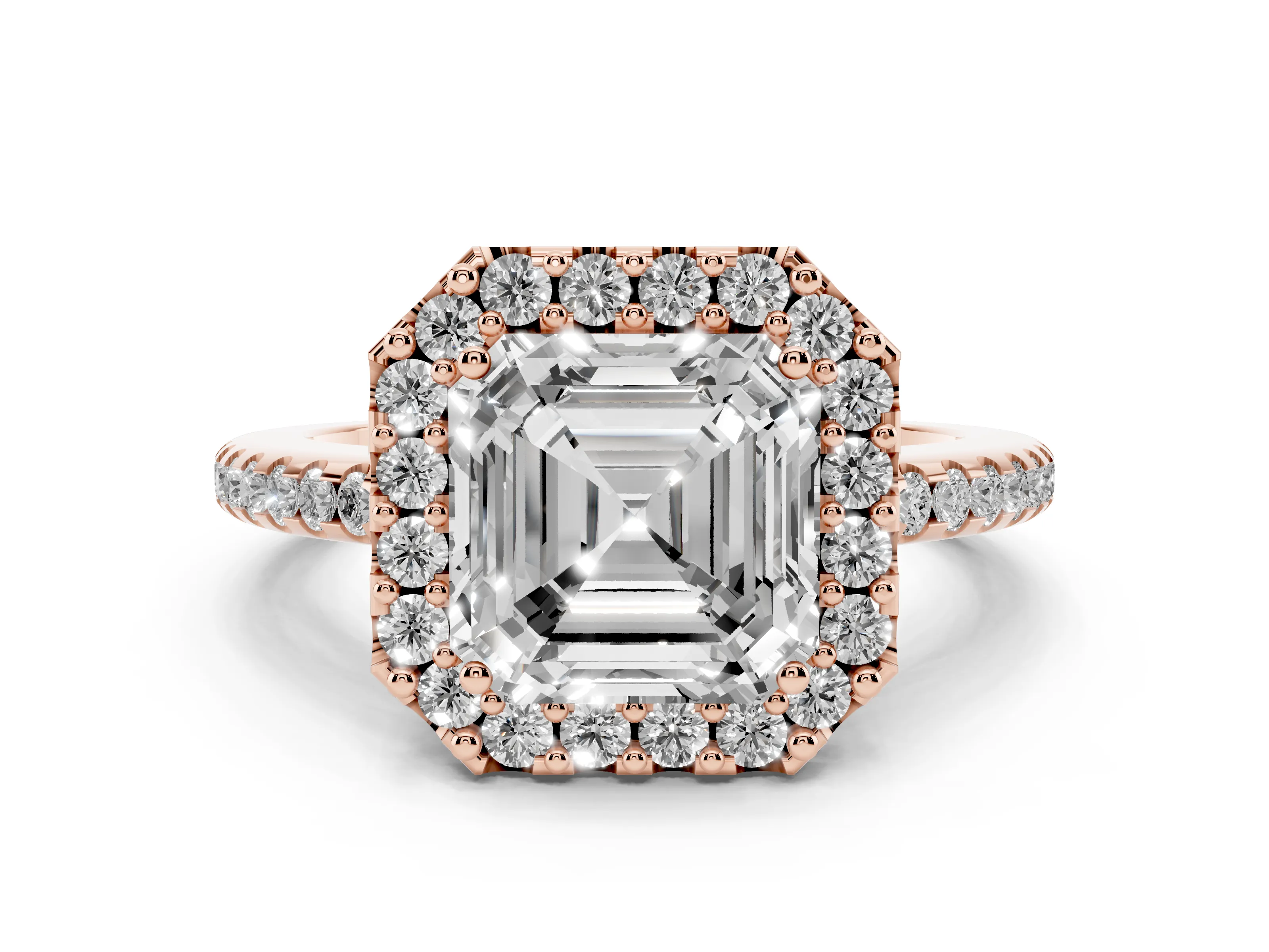 Asscher Cut Diamond Pavé Halo Ring Set in Rose gold with Prong Setting