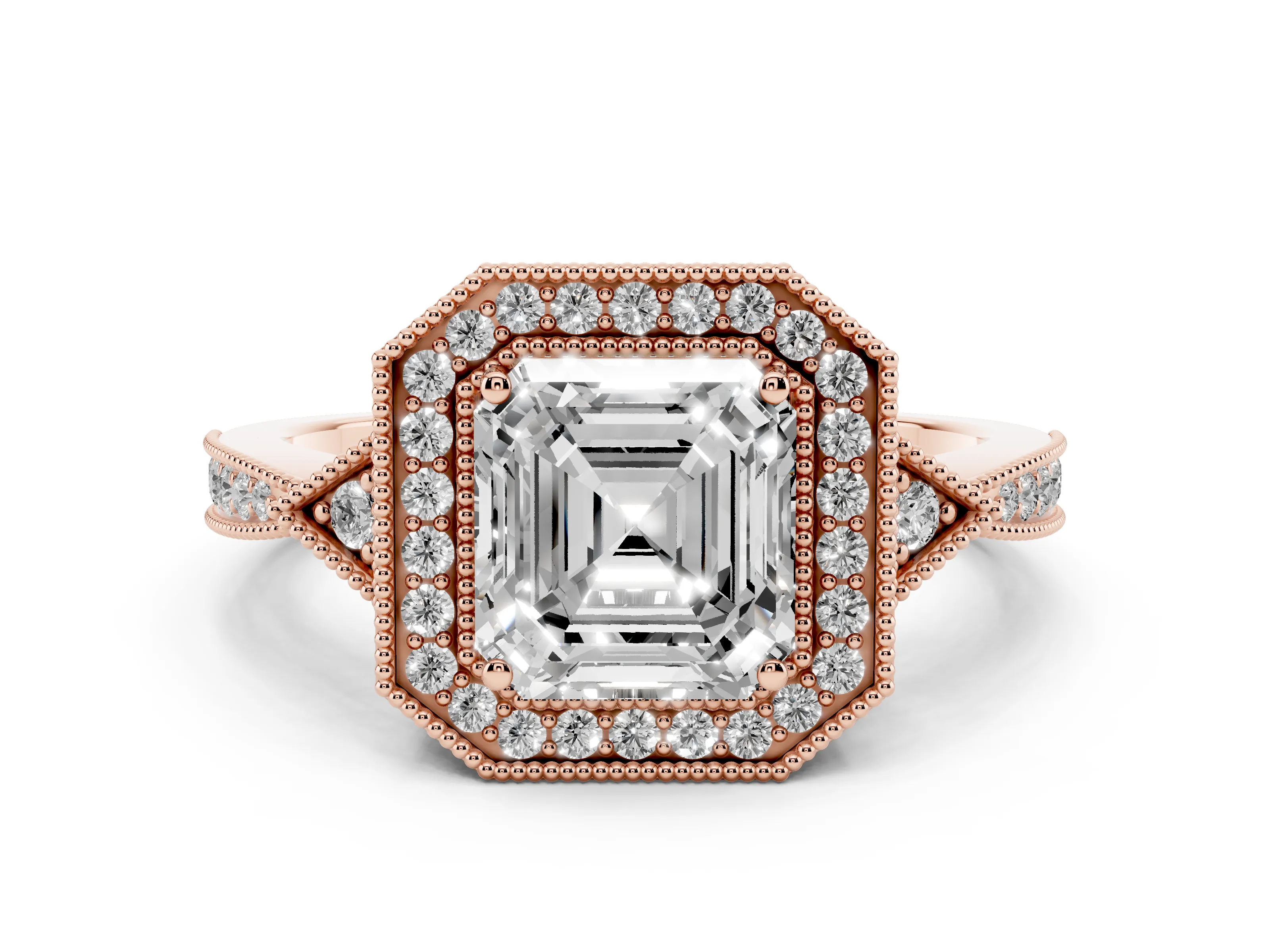 Asscher Cut Diamond Halo Engagement Ring Set in Rose gold with Milgrain Pavé Band