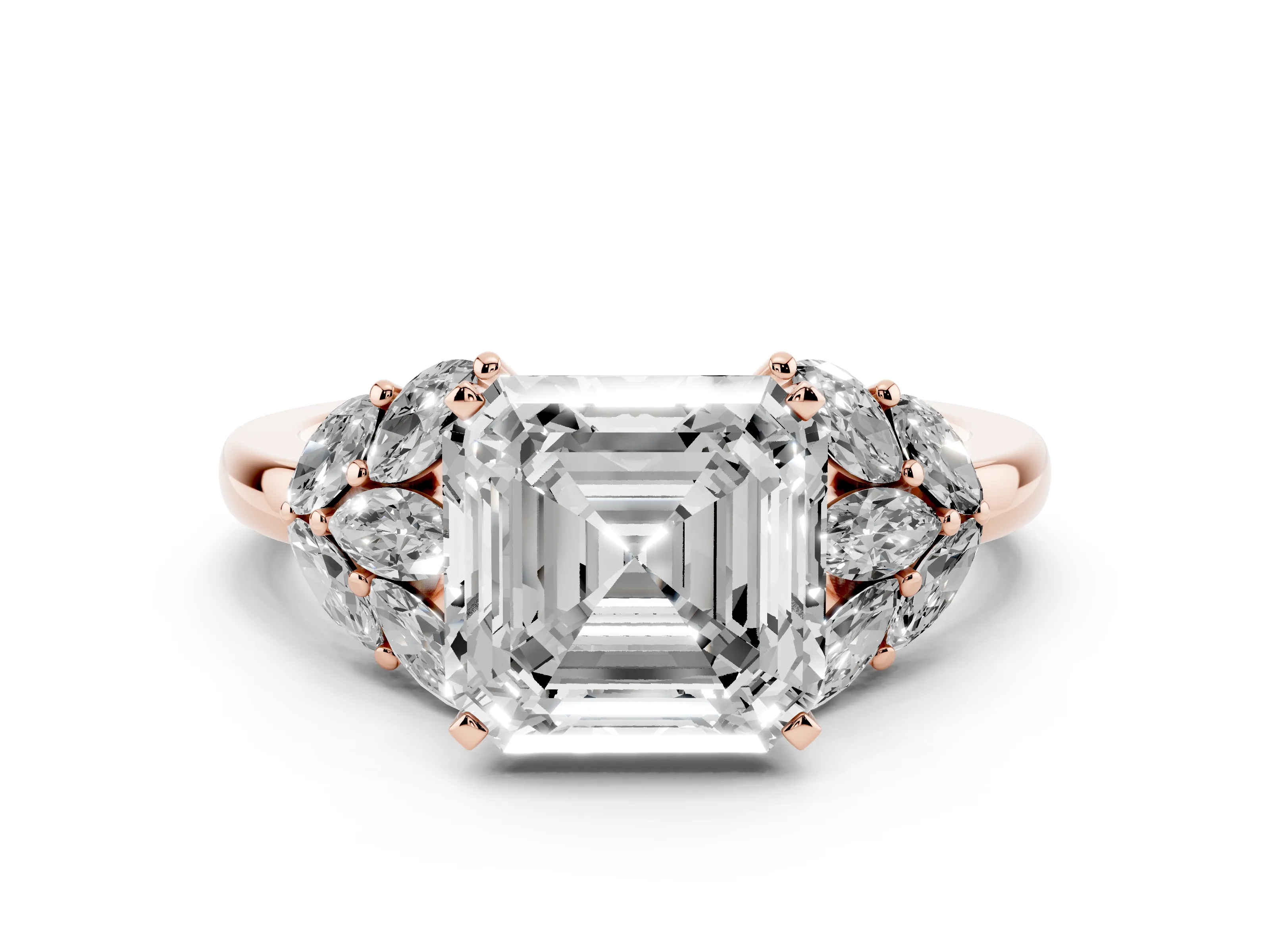 Asscher Cut Diamond Cluster Leaf Design Ring Set in Rose gold with Prong Setting