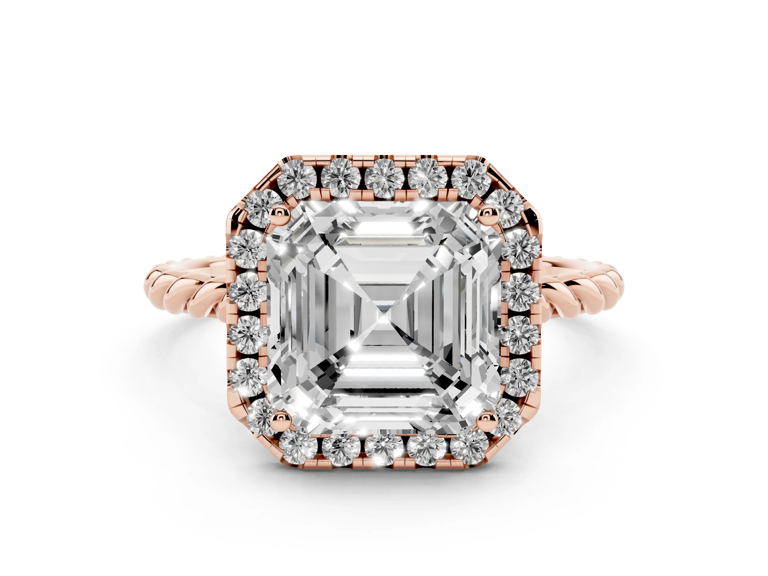 Asscher Cut Diamond Halo Ring Set in Rose gold with Plain Twisted Band