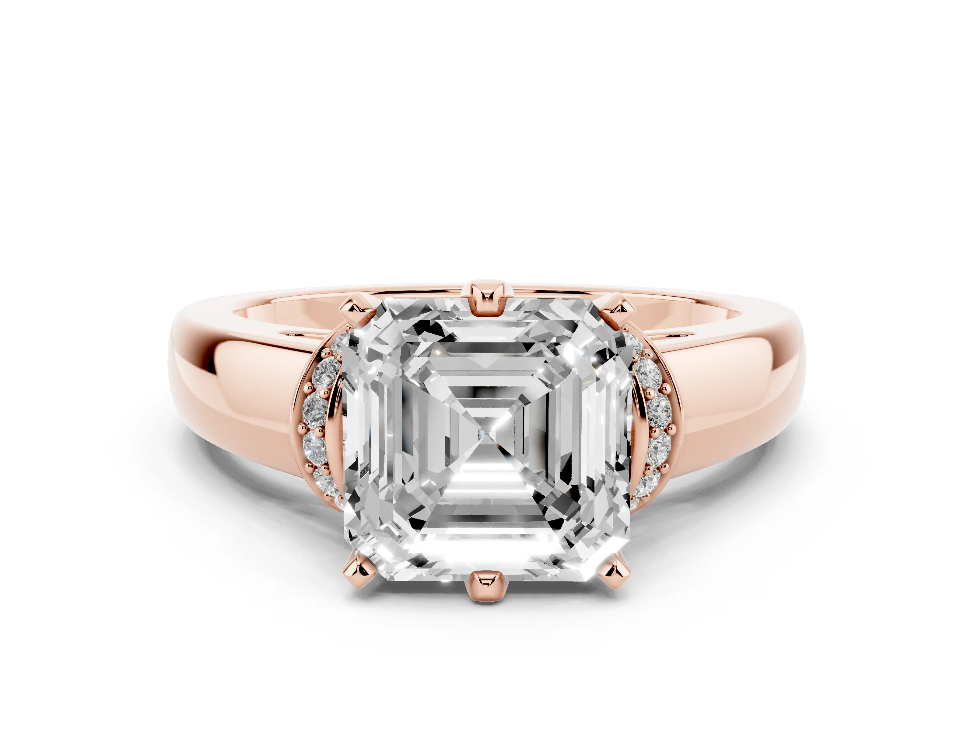 Asscher Cut Diamond Pavé Band Solitaire Ring Set in Rose gold with Prong Setting