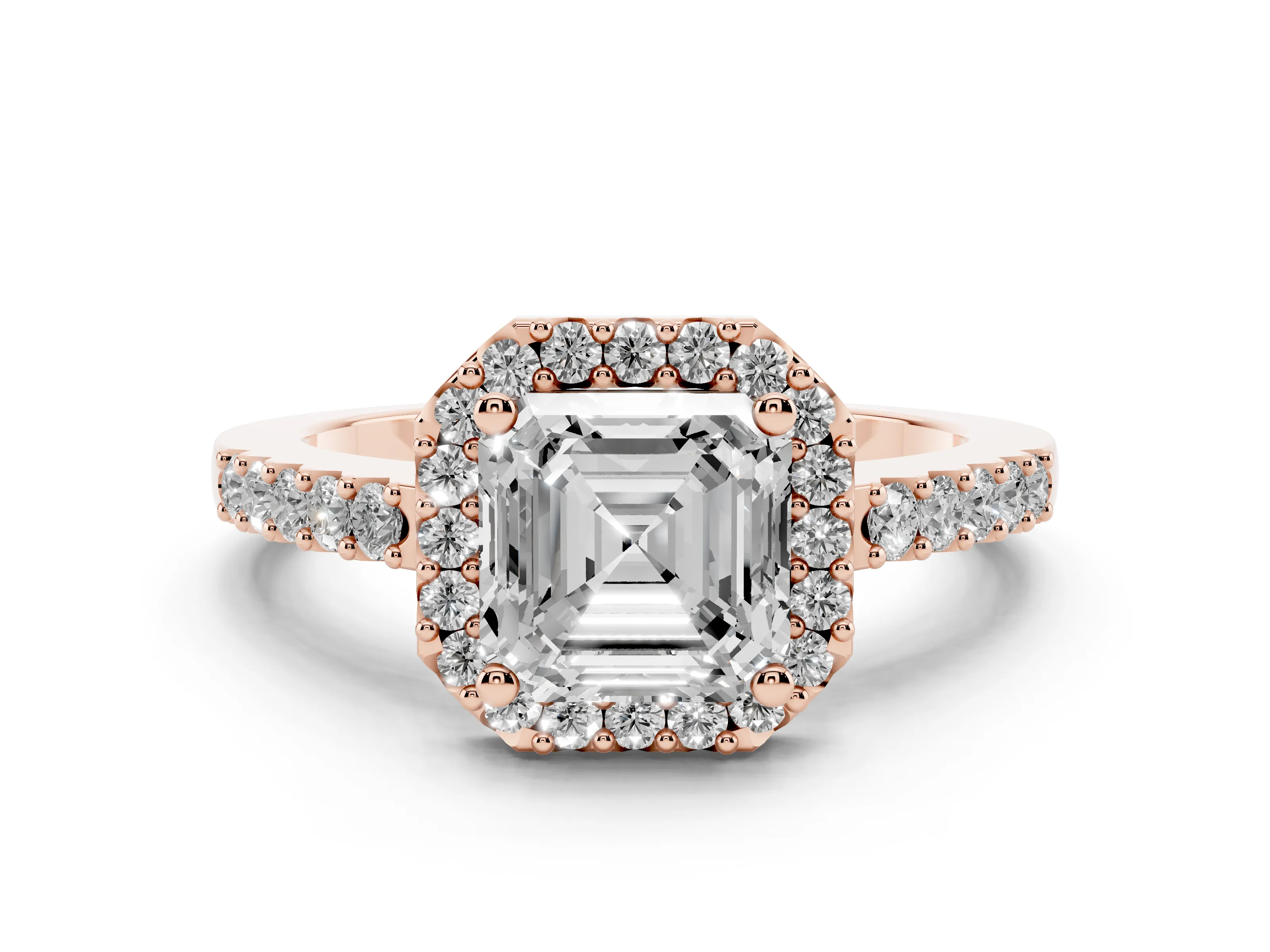 Asscher Cut Diamond Halo Pavé Solitaire Ring Set in Rose gold with Prong-Set Center Stone