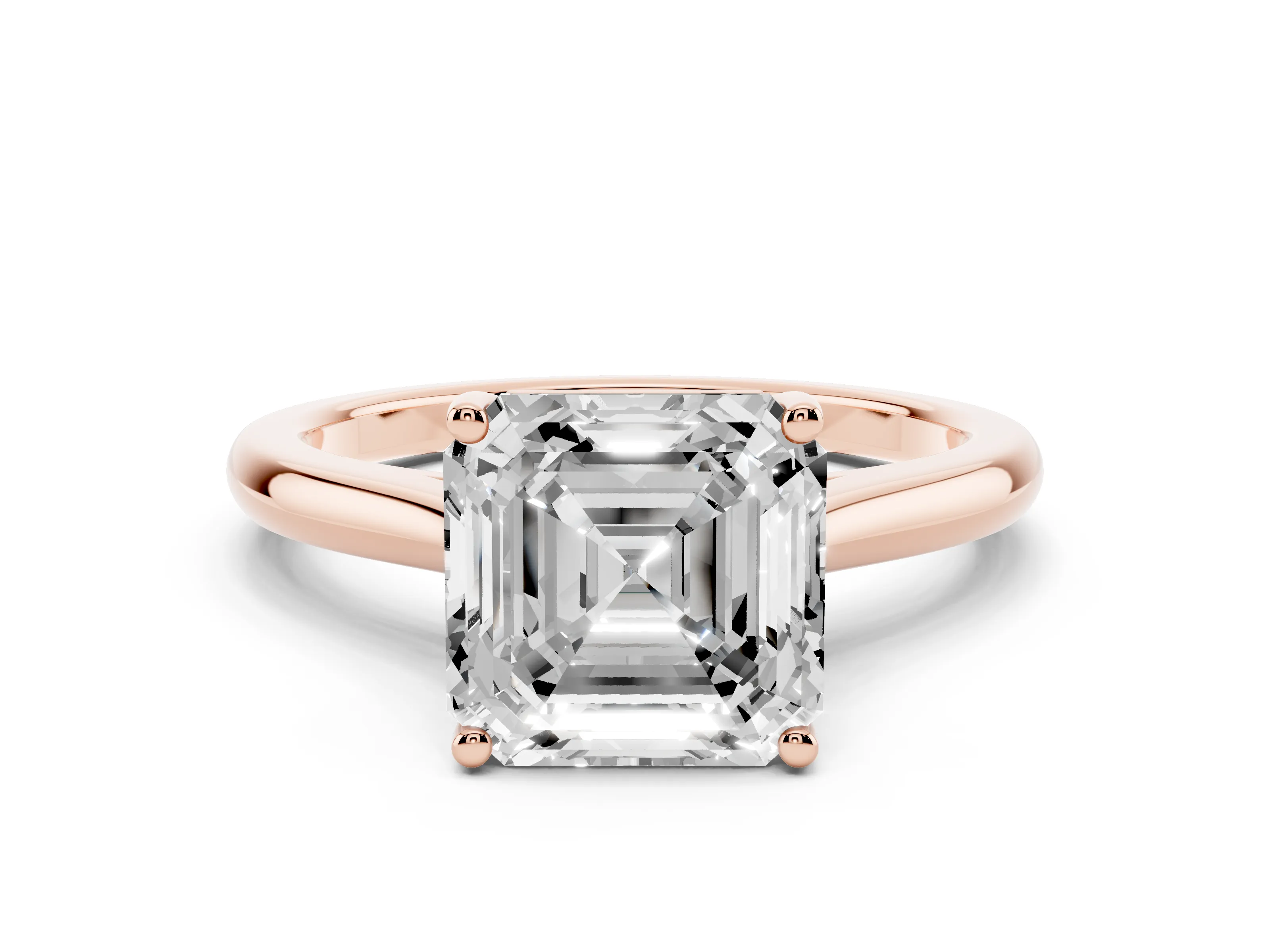 Asscher Cut Diamond Solitaire Ring Set in Rose gold with Cathedral Band and Prong Setting