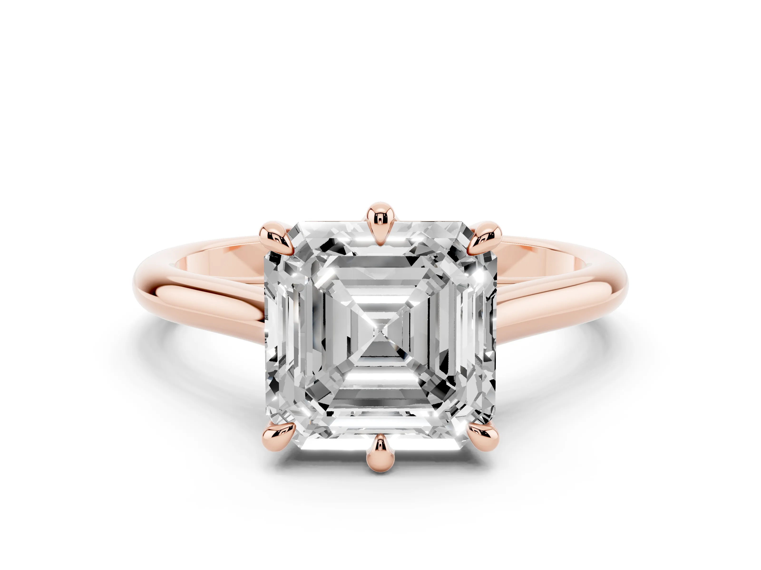 Asscher Cut Diamond Solitaire Engagement Ring Set in Rose gold with Prong Setting and Plain Classic Band