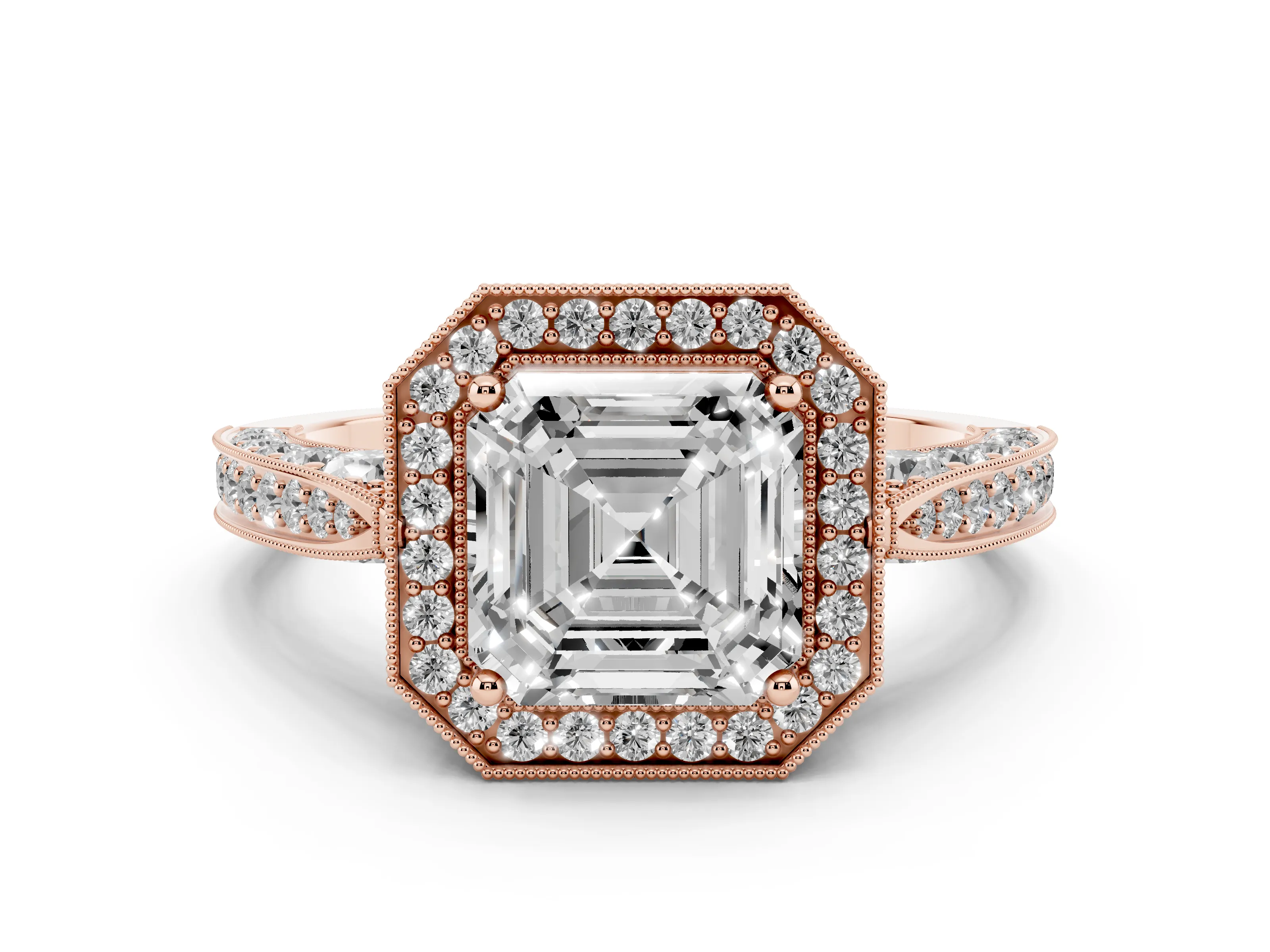 Asscher Cut Diamond Halo Engagement Ring Set in Rose gold with Accent Split Shank Band