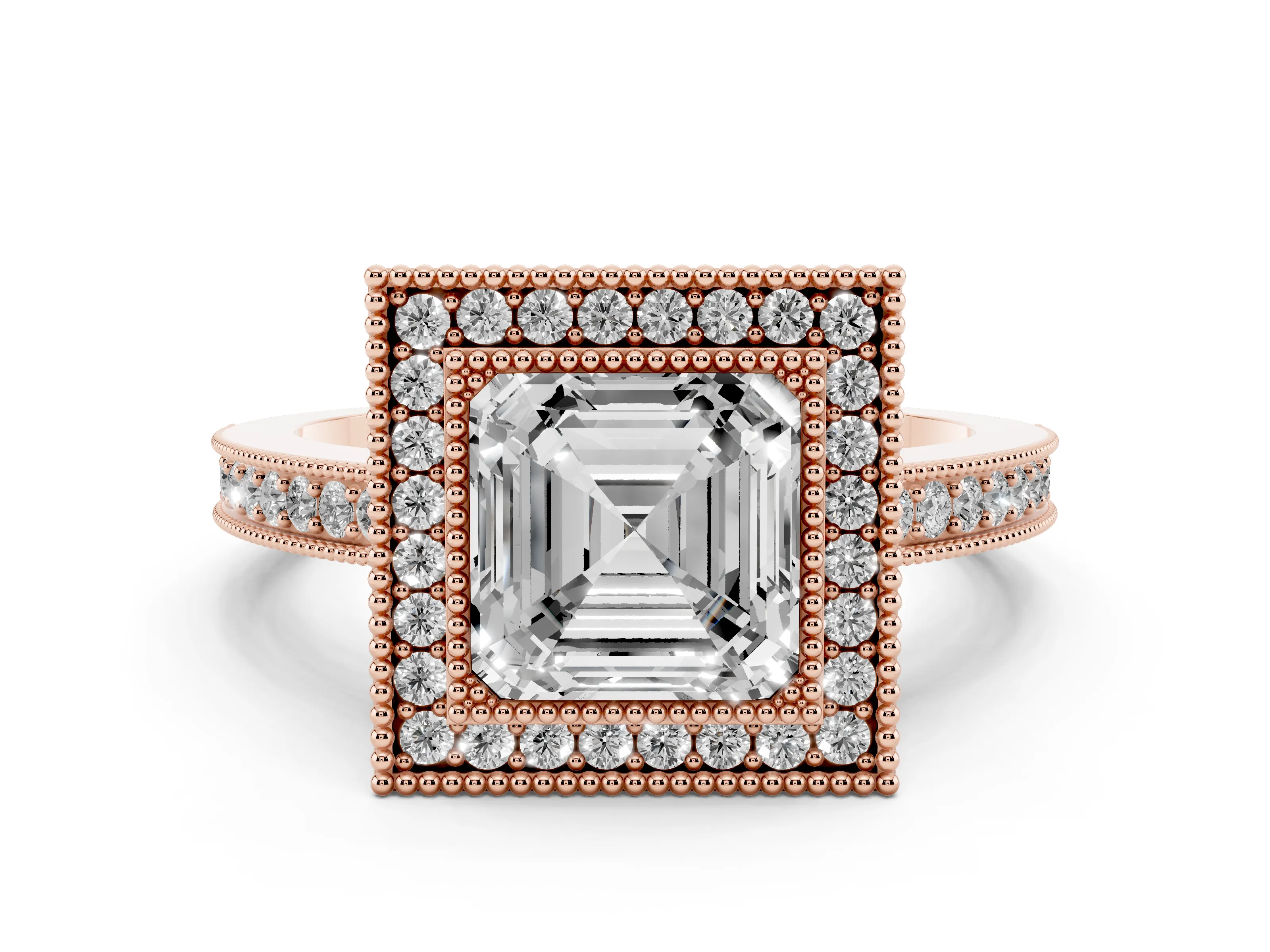 Asscher Cut Diamond Round Halo Ring Set in Rose gold with Pavé Band