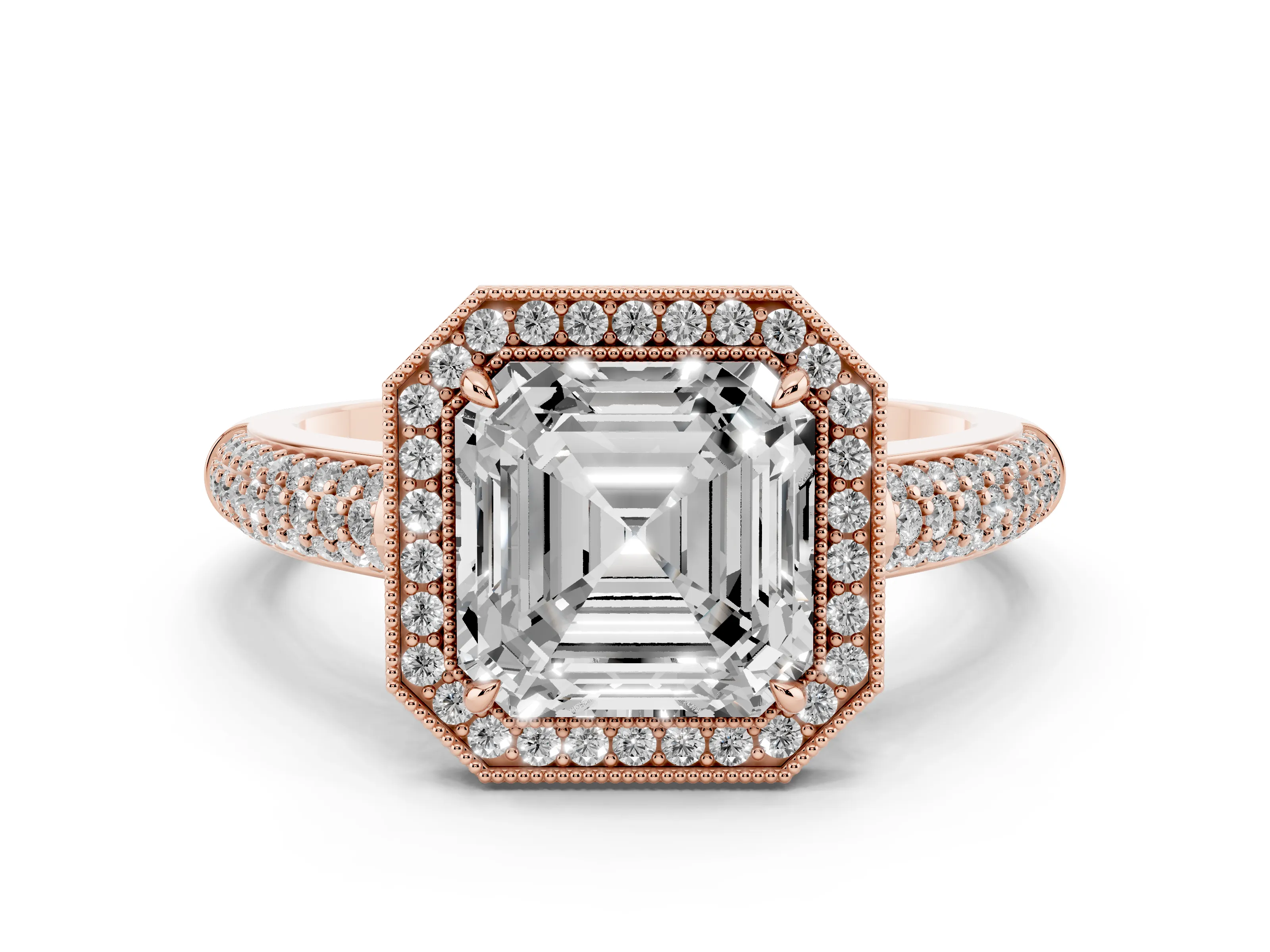 Asscher Cut Diamond Halo Pavé Band Set in Rose gold with Prong Setting