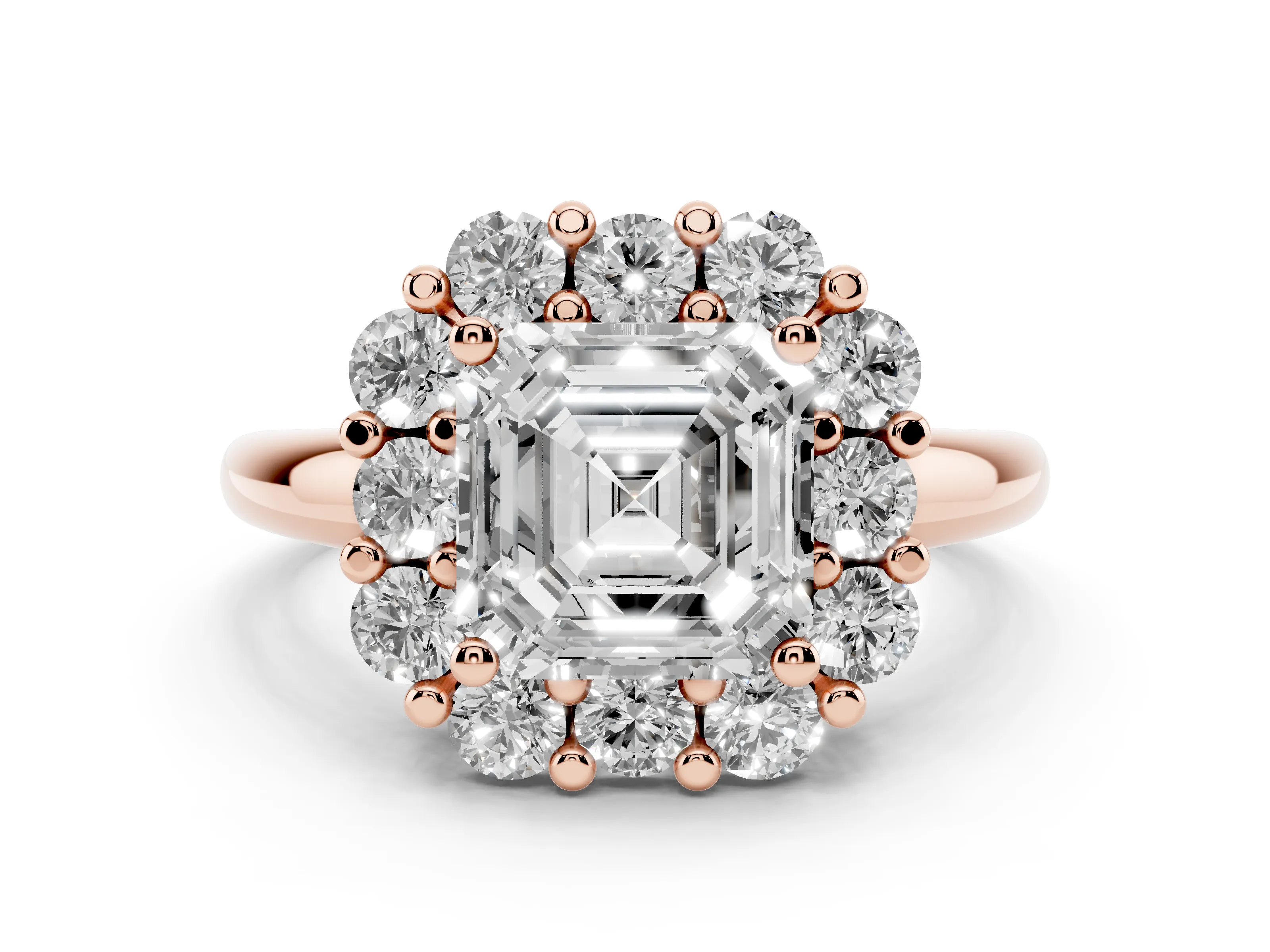 Asscher Cut Diamond Halo Cluster Engagement Ring Set in Rose gold with Polished Band and Prong Setting
