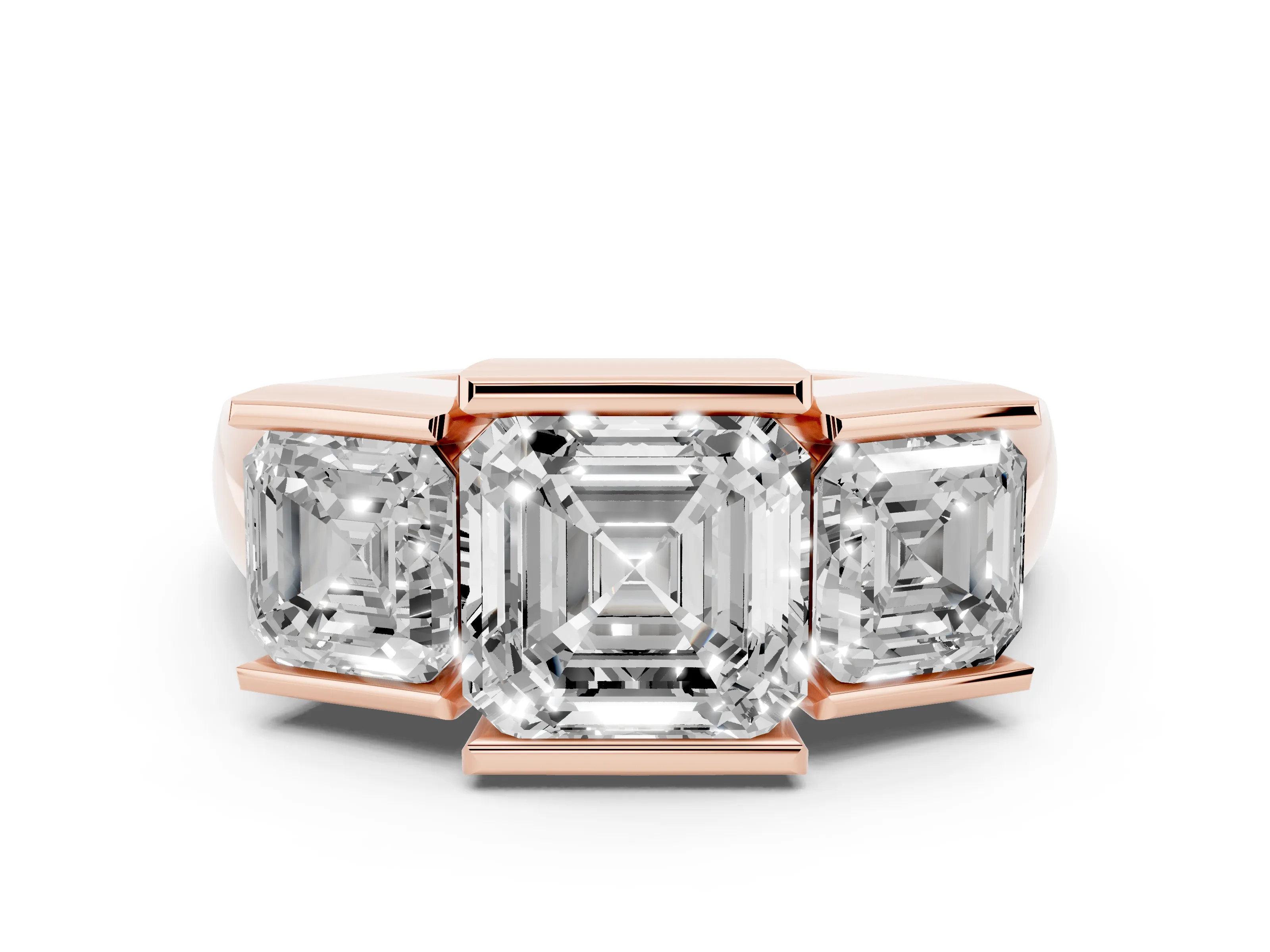 Asscher Cut Diamond Three-Stone Channel Set Ring Set in Rose gold with Smooth Polished Band