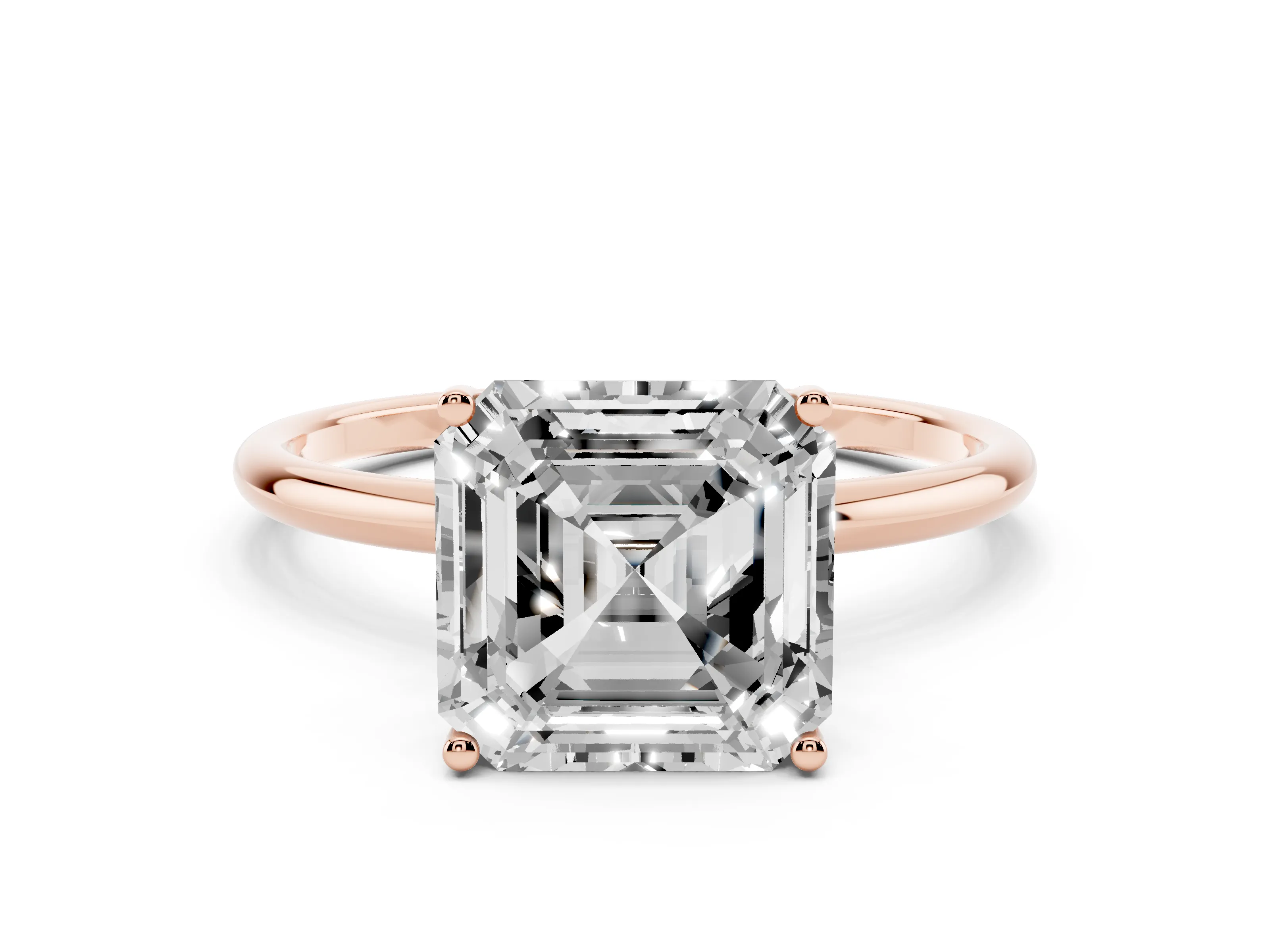 Asscher Cut Diamond Solitaire Engagement Ring Set in Rose gold with Thin Band and Prong Setting