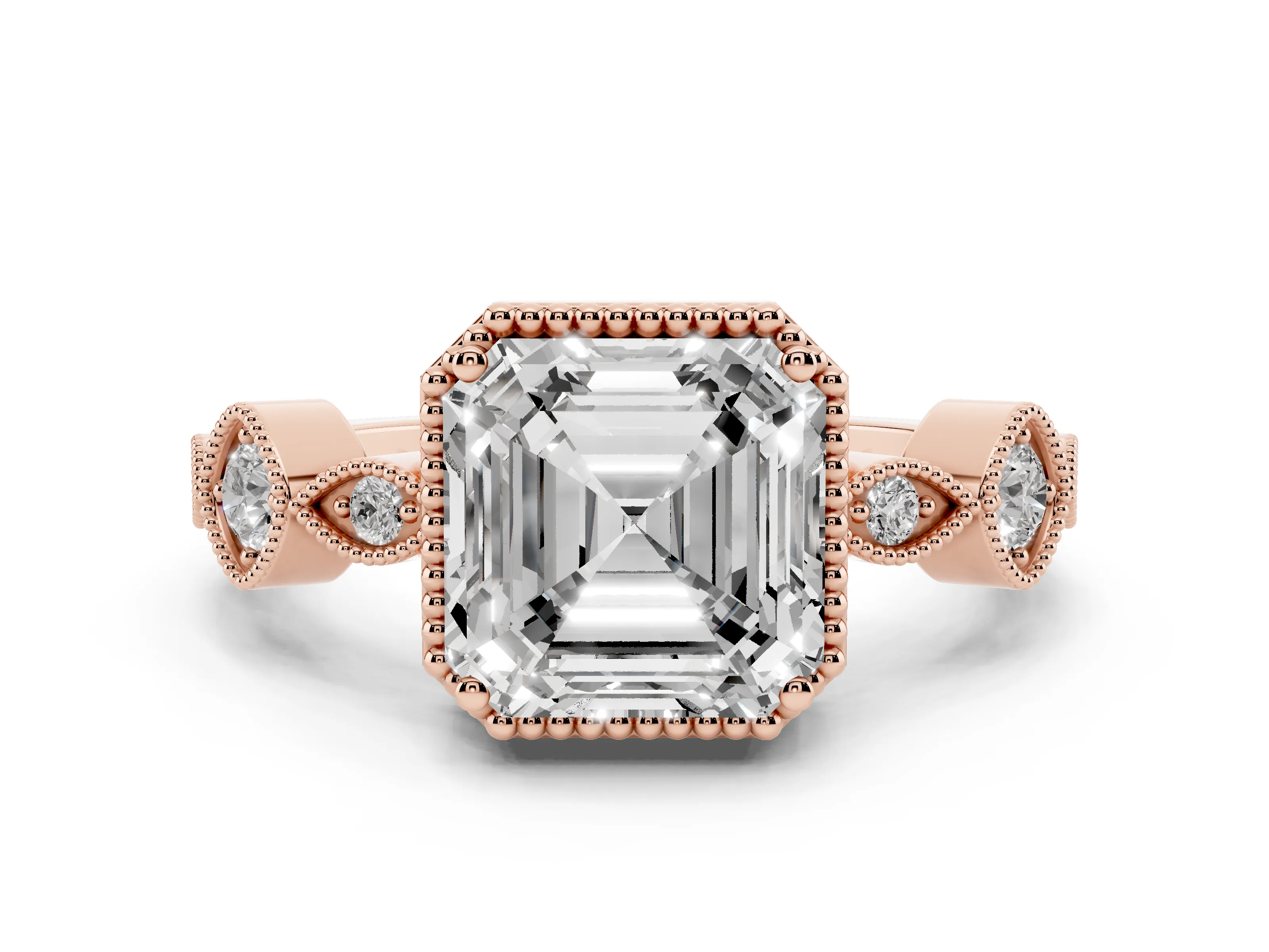 Asscher Cut Diamond Vintage-Inspired Milgrain Ring Set in Rose gold with Marquise Stations of Round Accents