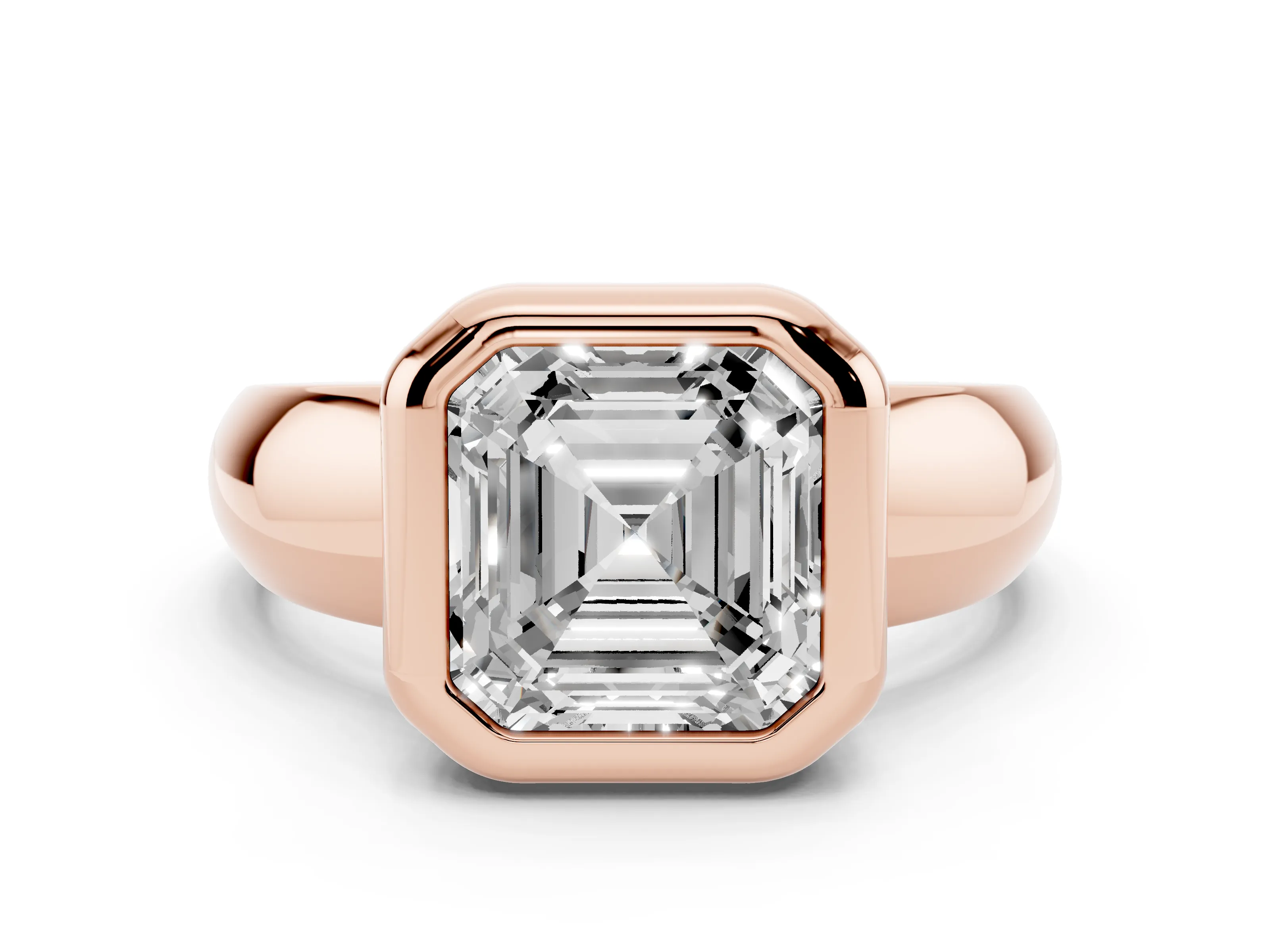 Bezel Set Asscher Cut Diamond Solitaire Ring Set in Rose gold with Wide Band