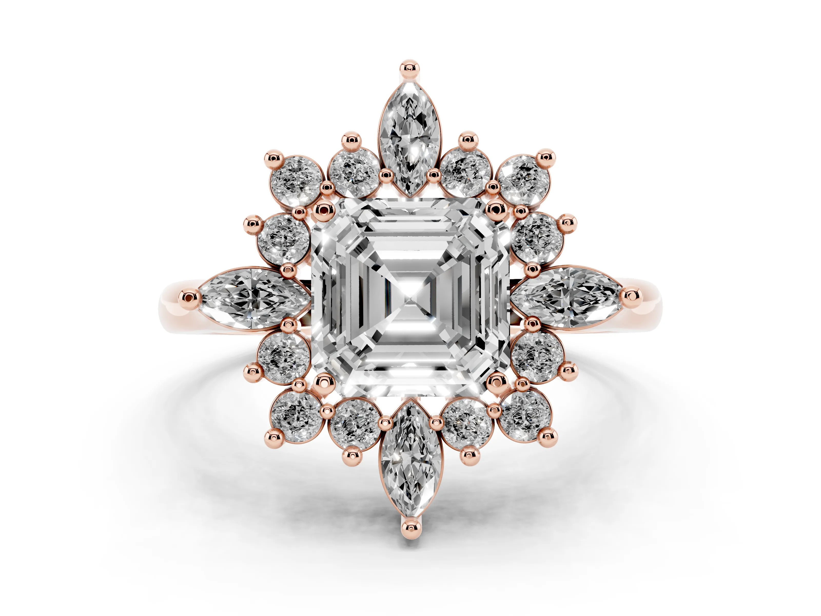 Asscher Cut Diamond Cluster Halo Ring Set in Rose gold with Marquise and Round Accents
